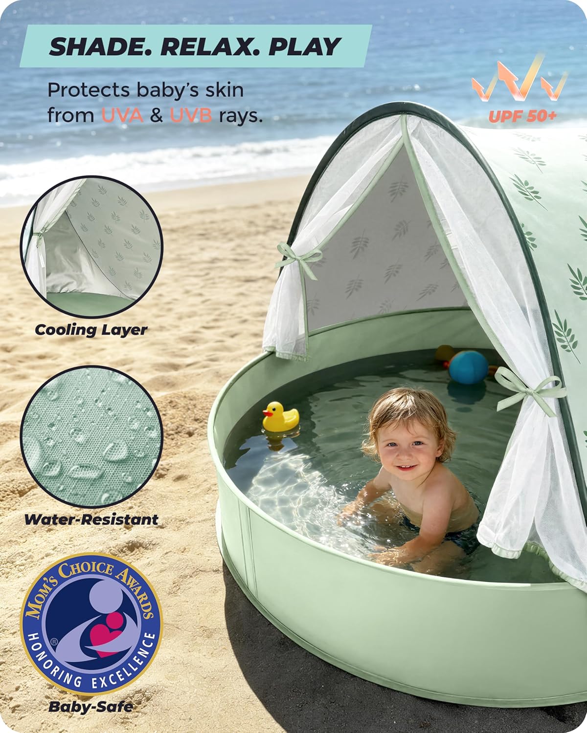 Baby Beach Tent with Pool, 3-in-1 Upgrade Pop Up UPF 50+ Sun Protection Shelter with Mosquito Net Babies Toddlers Portable Outdoor Summer Essentials for Beach, Backyard, Indoor- Green Leaves