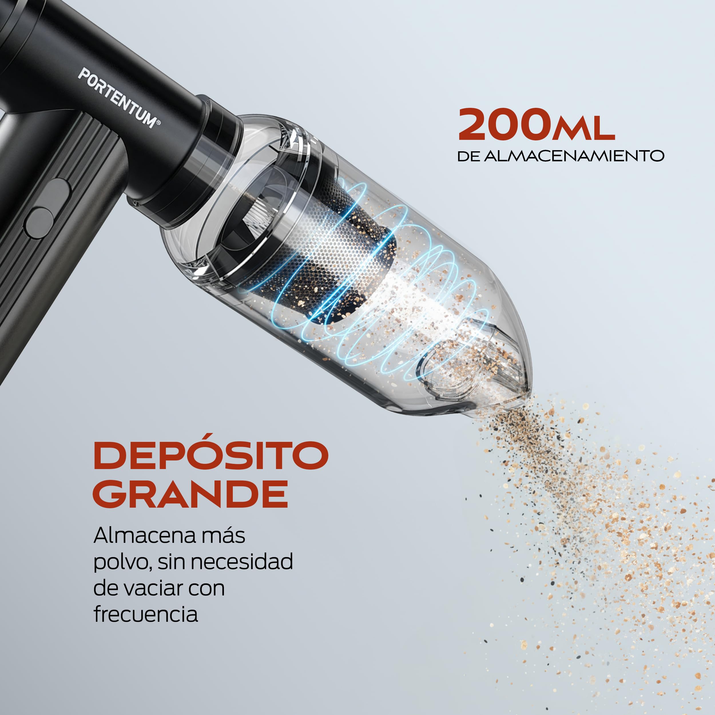PORTENTUM 2 en 1 Mini Aspirador de Mano Potente 25 kPa – 10.000 mAh hasta 135 min USB-C – Soplador de Aire 180 km/h con Motor brushless – Aspirador Coche regulación Continua de Velocidad – Set de 11