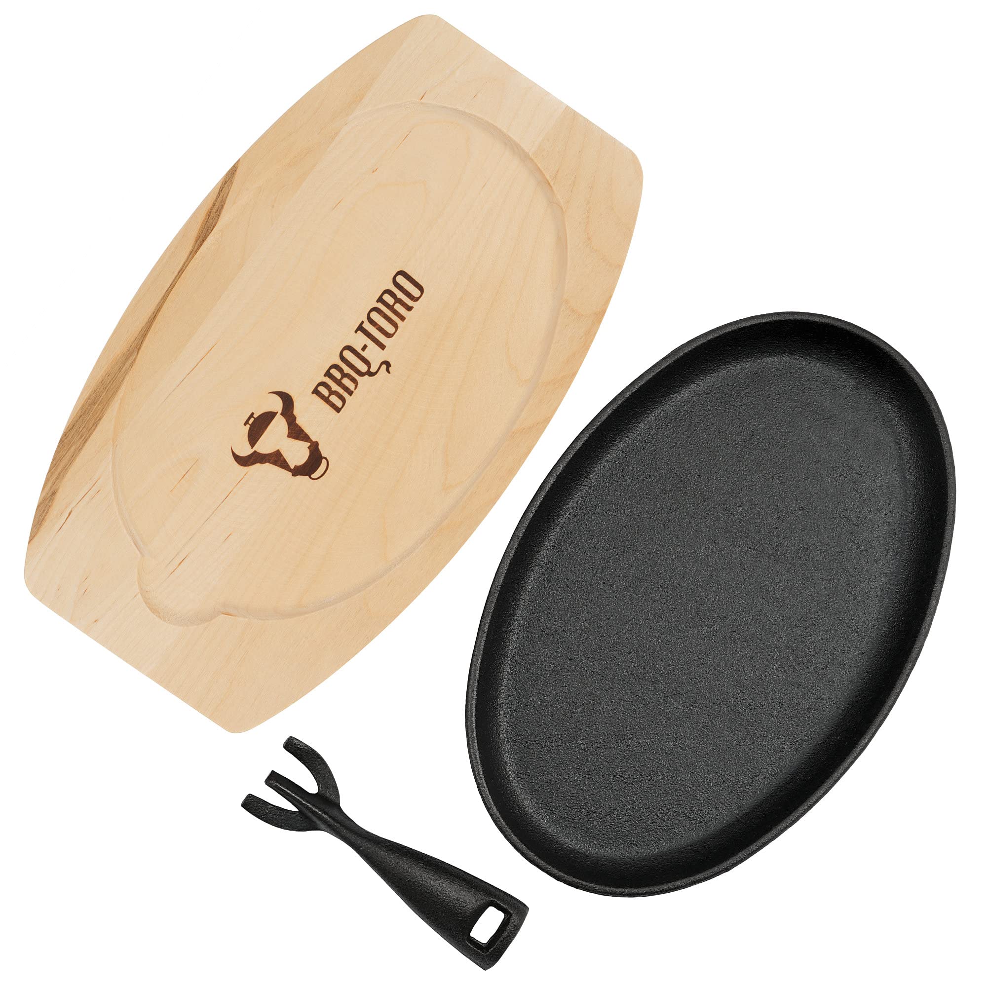 BBQ-Toro Patelnia do serwowania z żeliwa z drewnianym stojakiem (1 sztuka), 27 x 18 x 3 cm, owalna, już wypalana, wstępnie upieczona, patelnia grillowa ze zdejmowanym uchwytem, patelnia żeliwna do