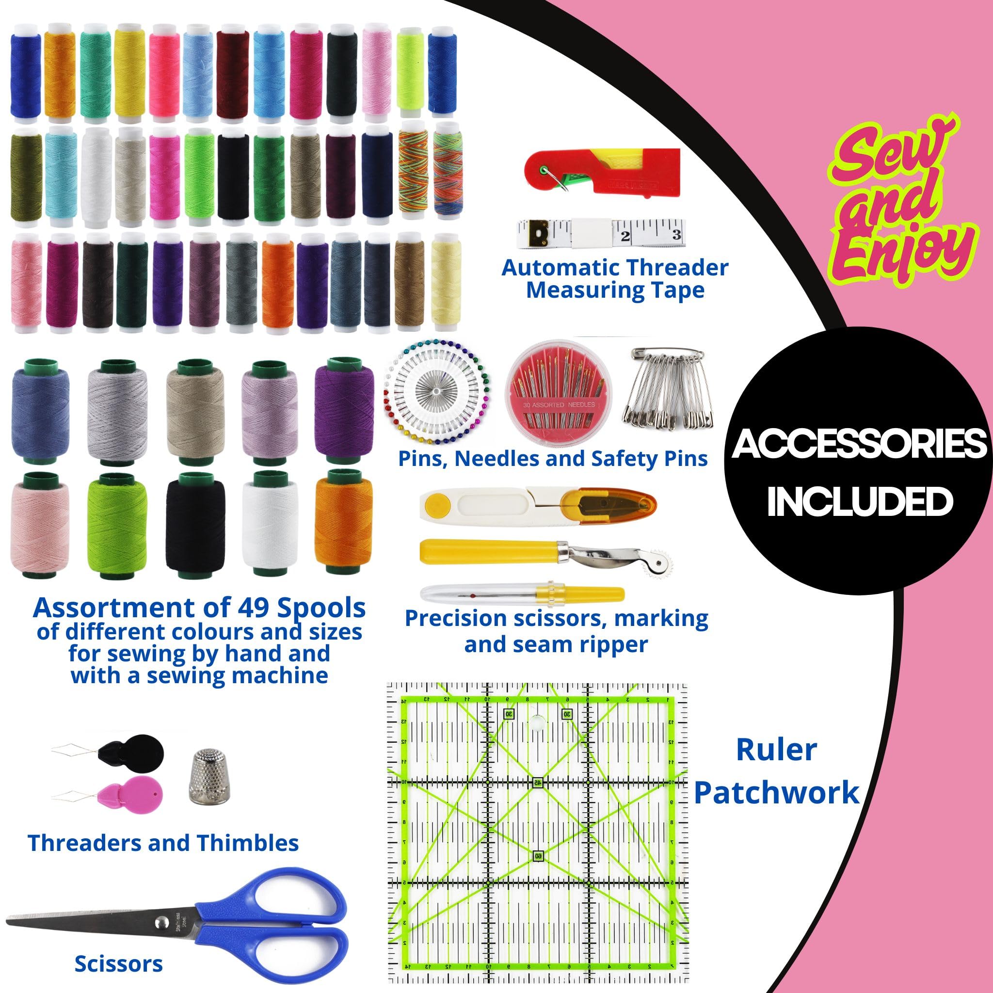 SusggO 140 pezzi da cucito con accessori e guida basica punti. Cucito Legno foderato Tessuto Cucito Accessori Kit Cucito per Adulti Scatola Cucitura Regole di Cucito Modello Patchwork (BIANCO)