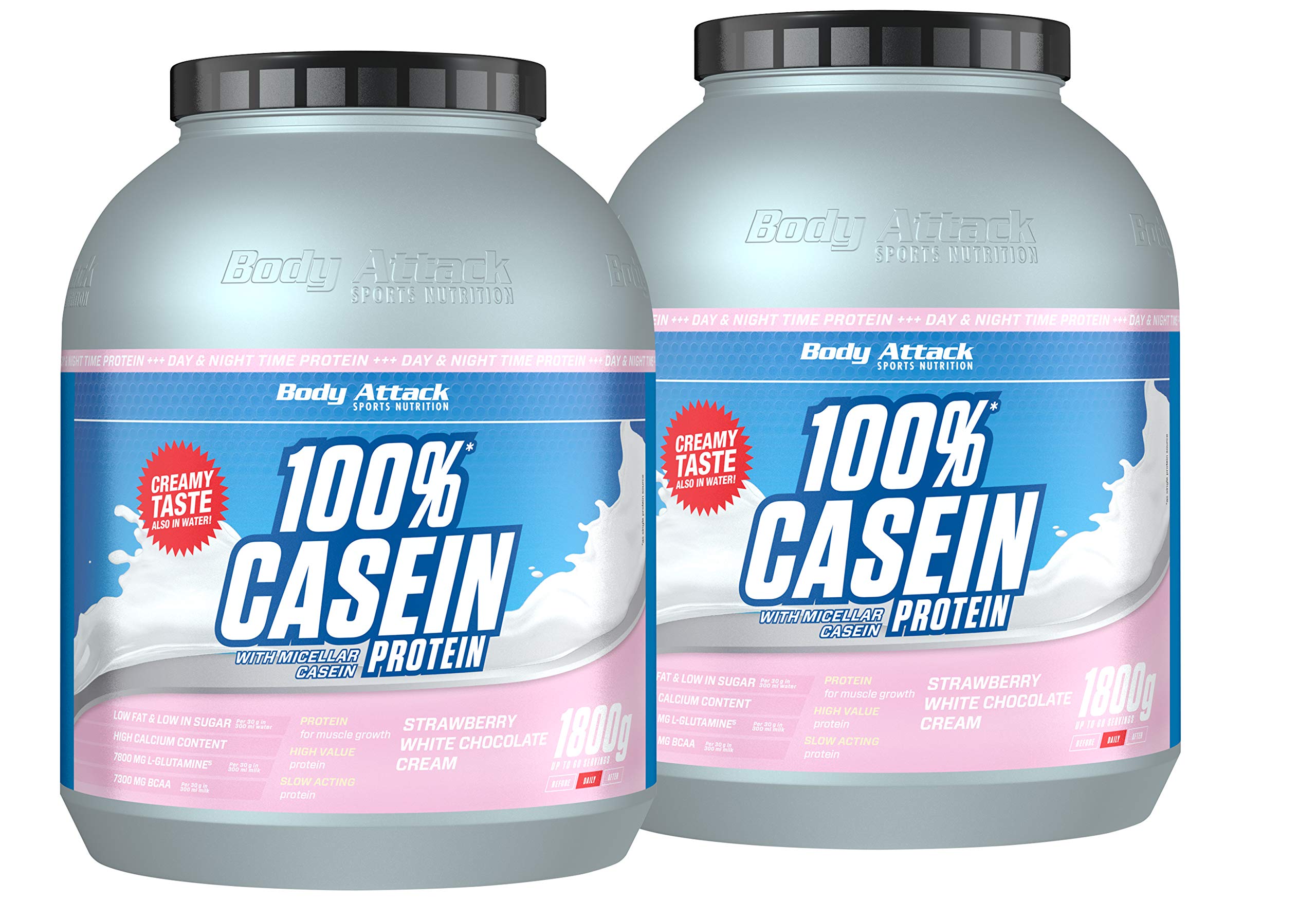 Body Attack 100% Casein Protein, Strawberry White Choc., 2 x 1,8 kg Eiweißpulver - reich an essentiellen Aminosäuren - Muskelaufbau und Erhalt, Low Sugar - für Sportler, Athleten & Figurbewusste