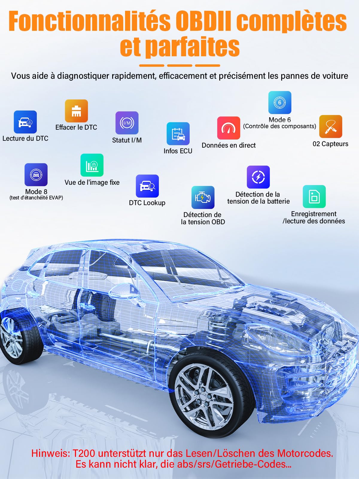 OBD2 Diagnostic Auto Valise Voiture: OBD Diagnostique Français Auto Multimarque pour BMW Peugeot VW Véhicules après 2002, Lecteur de Codes de Panne Moteur avec Lecture en Temps Réel des Données