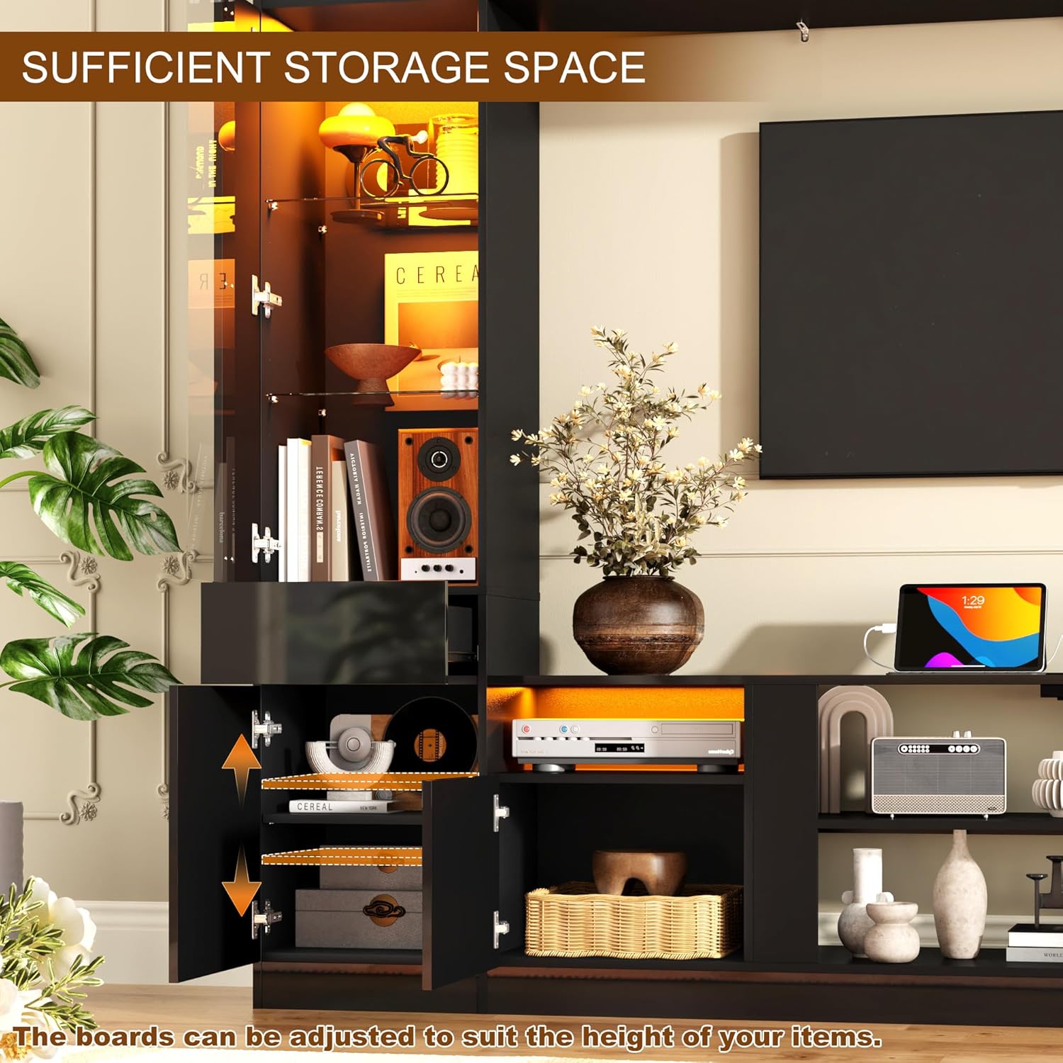 St.Mandyu 107" Wall Unit Entertainment Center with Bookshelves, Modern High Glossy TV Stand with Storage Shelves & Bridge Cabinet & LED Lights, Media Console for Living Room Home Theater,Black