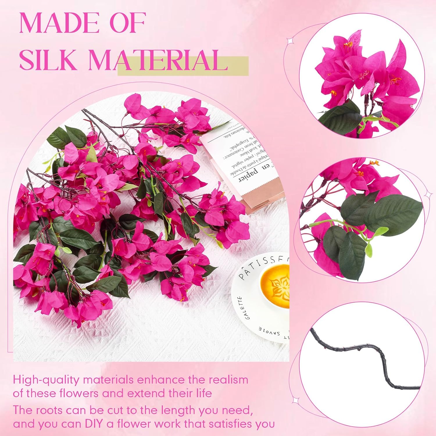 24 Pack Silk Bougainvillea Artificial Bougainvillea Floral with 6 Heads 30 Inch Long Plants Hanging Flowers for Home Wedding Indoor Outdoor Decorations Centerpieces(Rose Red) - Image 3
