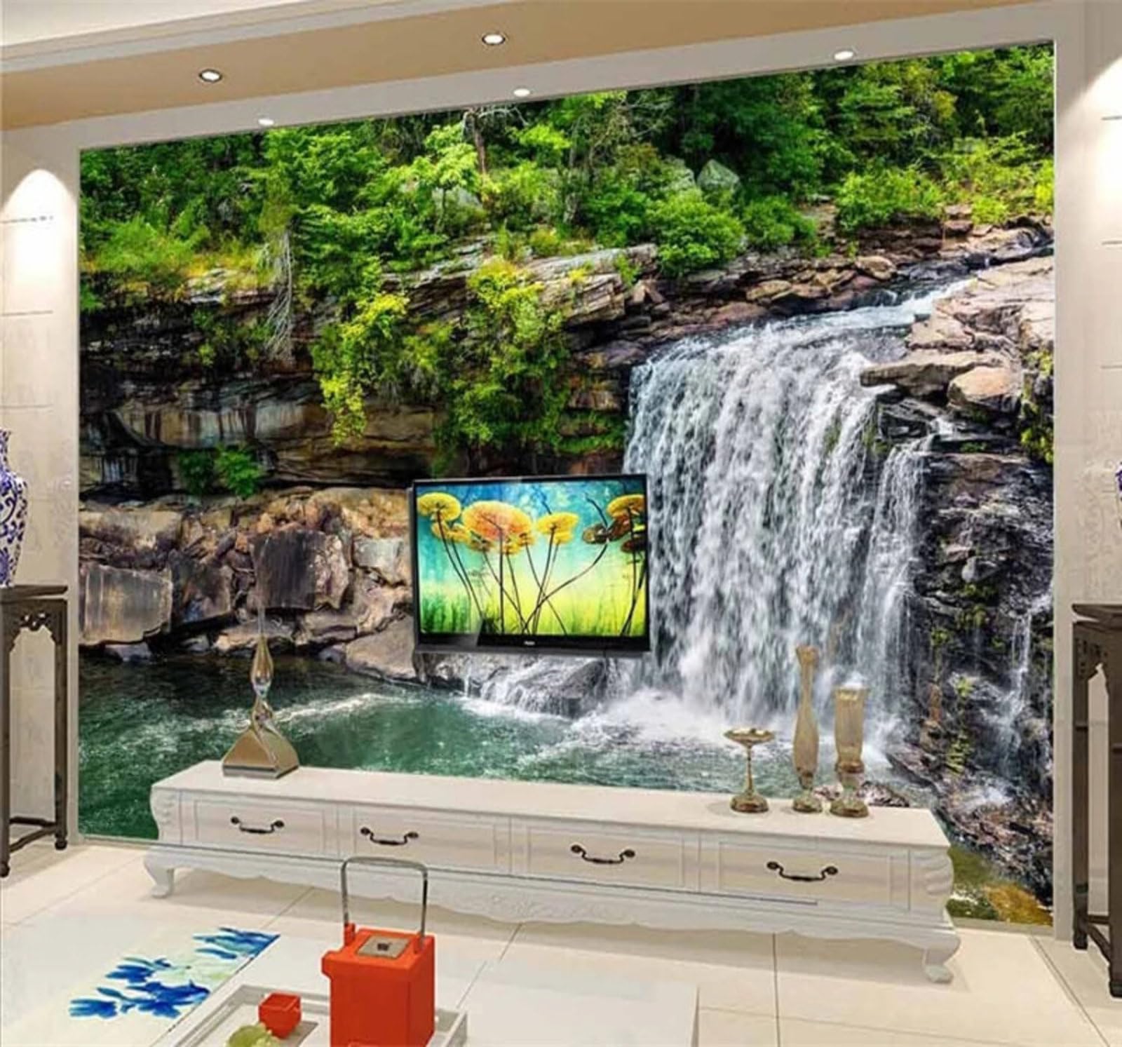 Fresh Forest Waterfall Scenery Flowing Water 3D Wallpaper Easy Install Feature Office Living Room Sofa Bedroom TV Background Wall Decoration-350cm×256cm