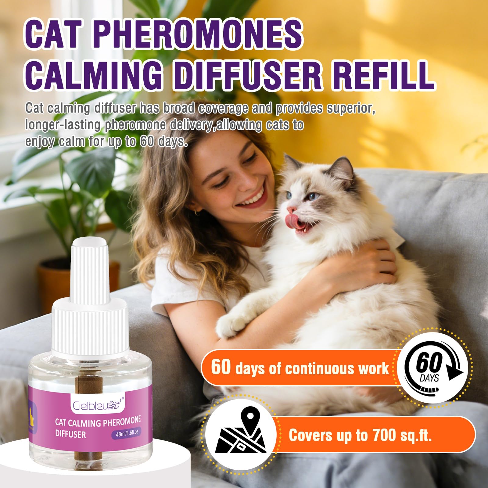 Cielbleu Diffuseur Pheromones Chat 60Jours Diffuseur Anti Stress Chat Aide à Réduire Les Griffades, Les Pipis et Les Miaulements (1 Diffuseurs + 2 Recharges 48 ML)