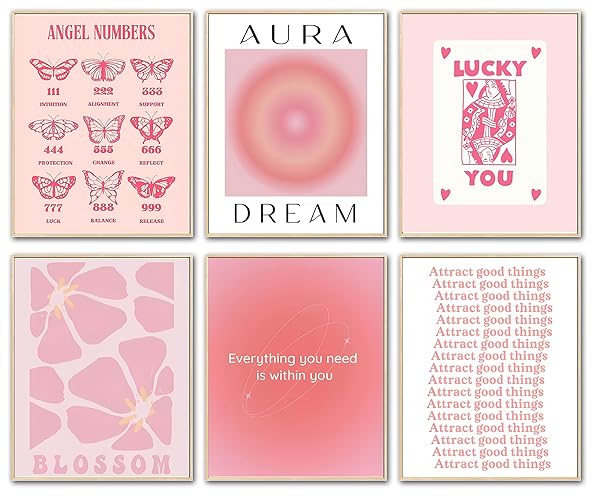 Cute Preppy Wall Art for Teen Girls' Room, Set of 6 Pink Inspirational Quote Prints, Motivational & Aesthetic Decor, Unframed 8x10 Posters for Bedroom, Dorm, Teen Girl Gift, Gallery Wall Decoration - Lucky