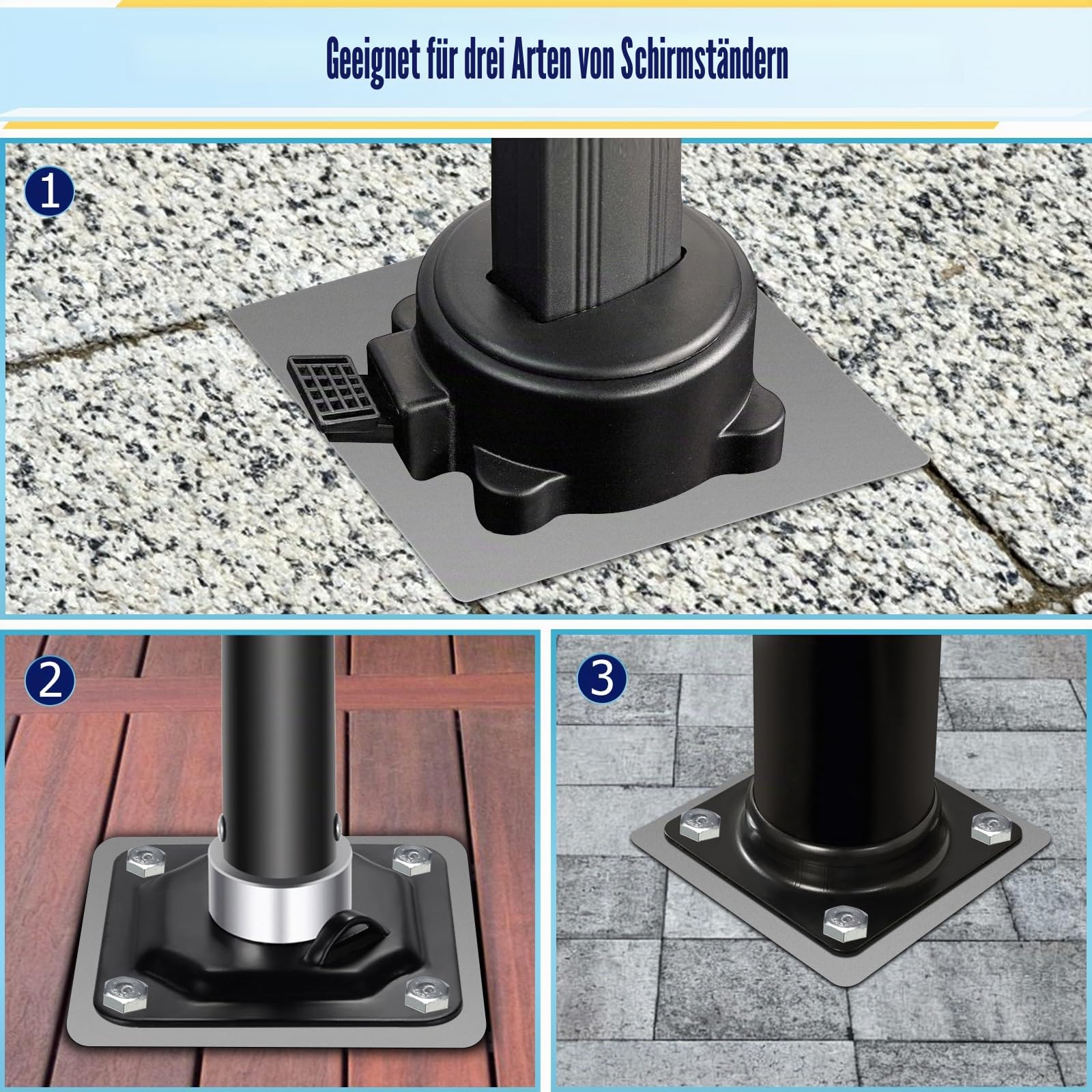 SLIIMU Universal Metall Bodenplatte für Ampelschirme, Sonnenschirmständer für Sonnenschirm, Bodenhülse für Kurbelschirm, Sonnenschirm-Schirm-Ständer, zum Einbetonieren (Silber-2)
