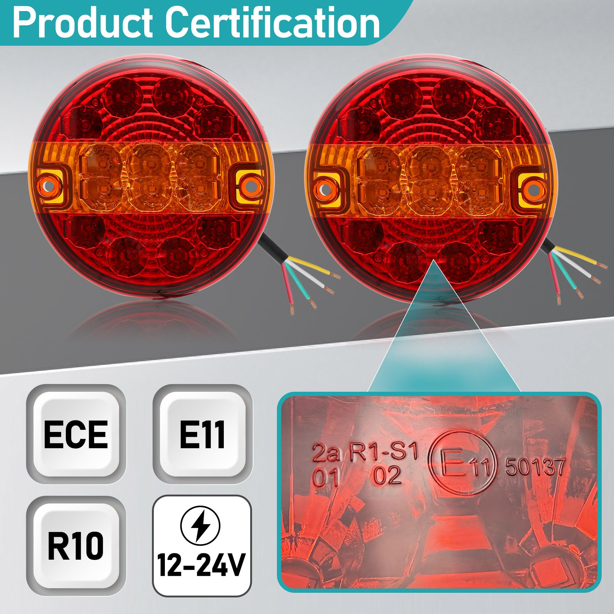 2 x Fanali Posteriori Rimorchio LED Rotondo - IP67 Impermeabile, 12V/24V Universale, Alta Luminosità, Omologati ECE - Per Rimorchio Agricolo Nautico, Camion, Barca