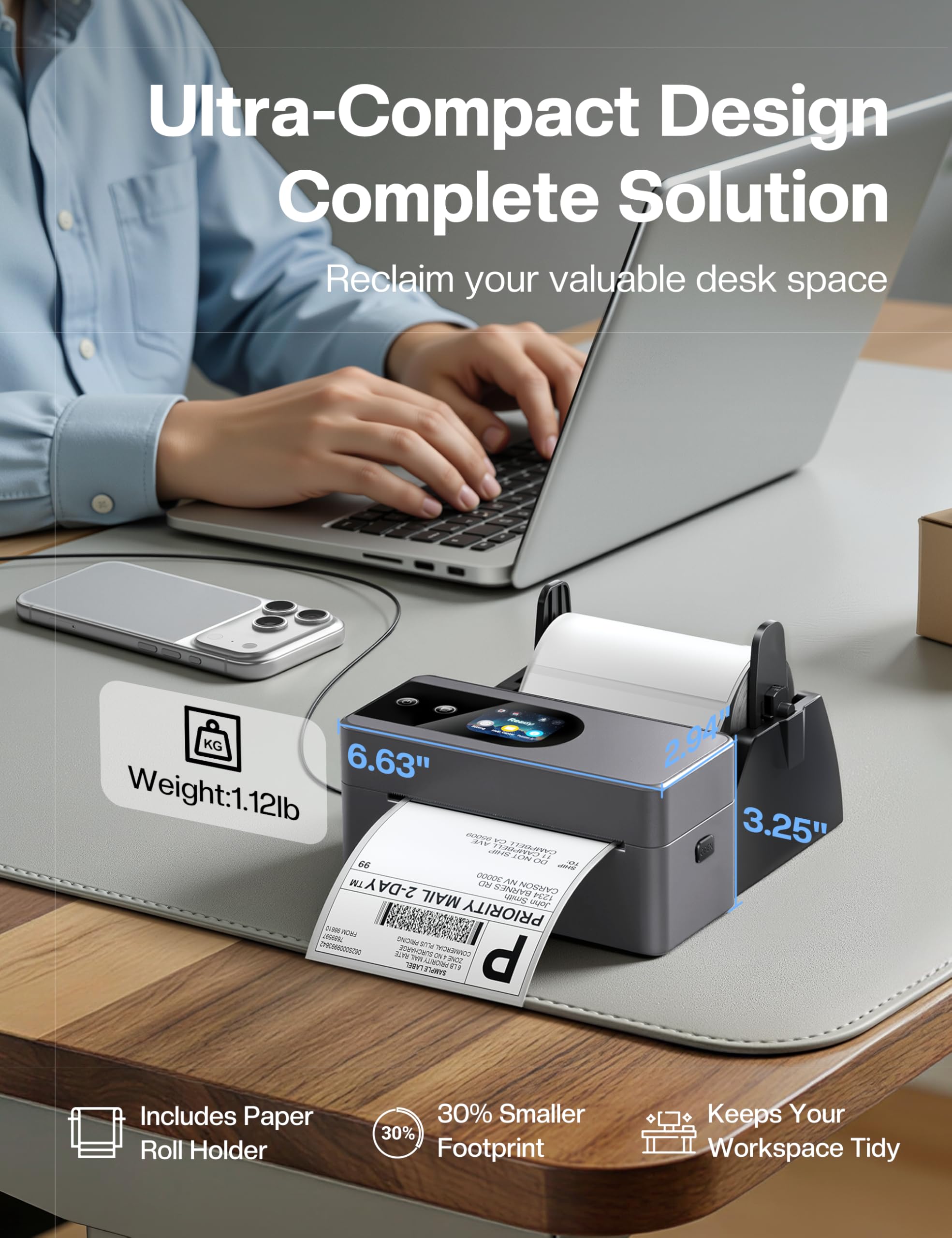 Phomemo Stampante Etichette Spedizione con Schermo Touchscreen, Stampante Etichette Adesive Bluetooth Spedizioni, Stampante Termica Etichette Compatibile con Amazon, Vinted, DHL, Etsy e UPS