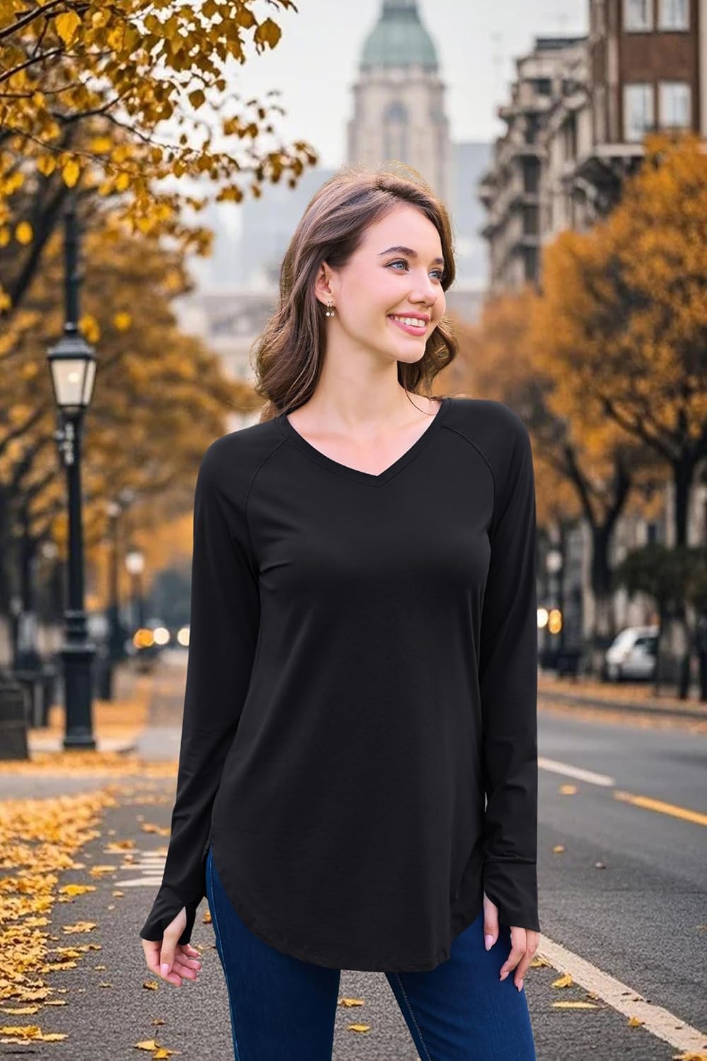 YUCOLEN Womens Tunic Tops for Leggings Loose Fit Long Sleeve Shirts with Thumb Holes Cotton V-Neck T-Shirts - Image 7