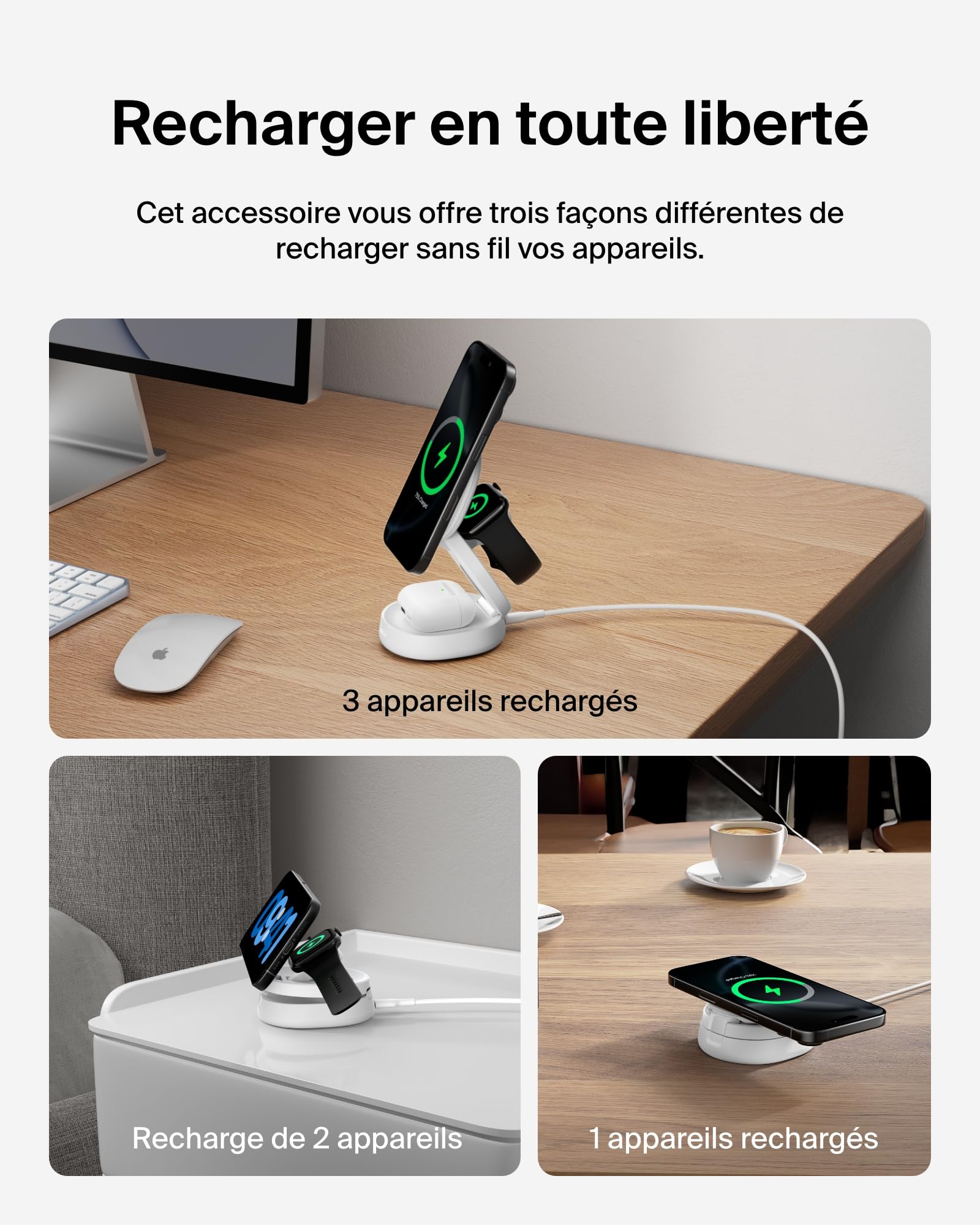 Belkin BoostCharge Station de Charge 3-en-1 Pliable, Chargeur Induction Compatible MagSafe, certifié Qi2, 15 W, pour iPhone 17, Air, Apple Watch, AirPods, Pixelsnap, Adaptateur 36W Inclus - Blanc