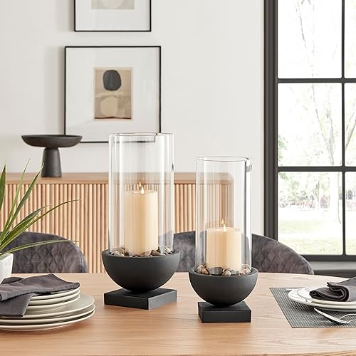 Miniatura 2 de Danya B. Portavelas moderno de metal negro con pedestal y pilar de cristal (7 x 7 x 15.25 pulgadas, grande)