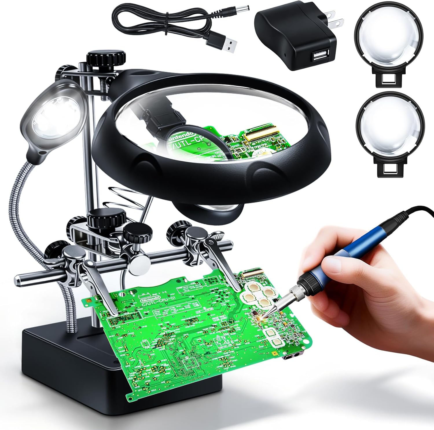 Helping Hands Magnifier Soldering Station with LED Light,LXIANGN 2.5X 7.5X 10X Desktop Magnifying Glass with Stand with Auxiliary Clamp for Miniature Painting,Model,Repair,Crafts,Hobby