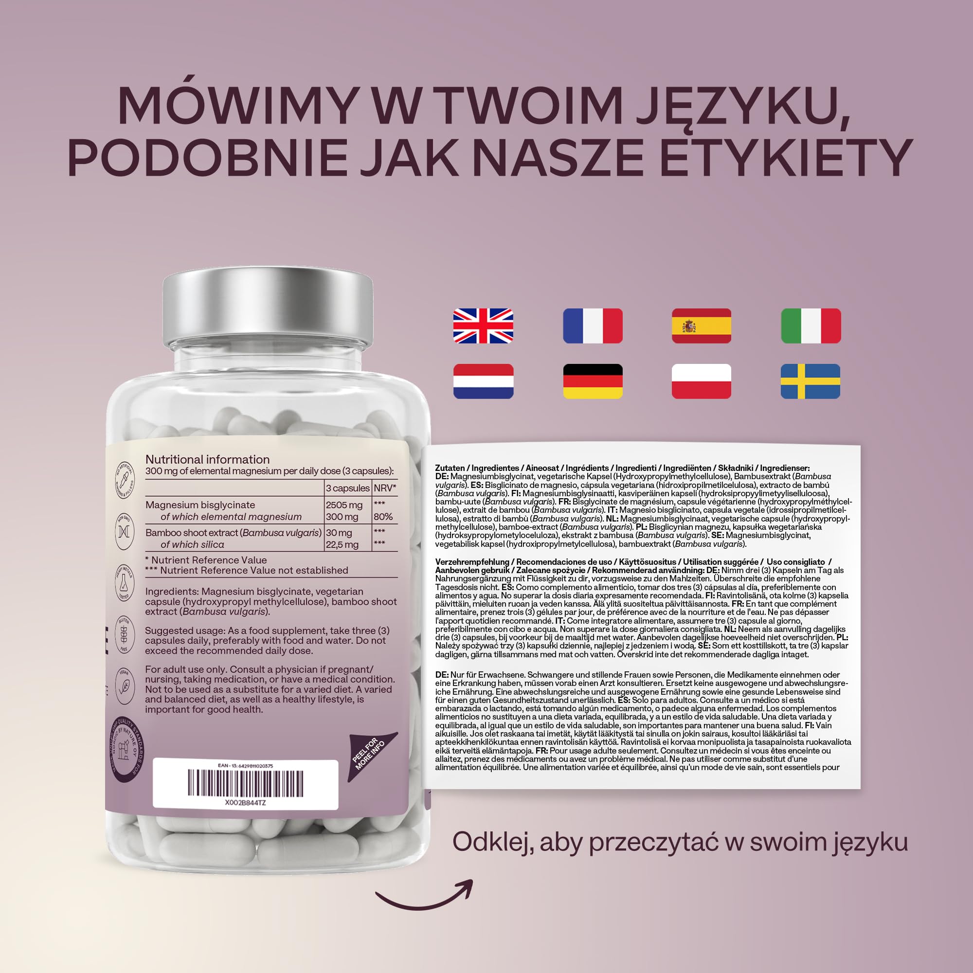 Chelatowany glicynian magnezu 2505 mg w dziennej dawce (300 mg magnezu elementarnego) - Wysoka dawka niebuforowanego magnezu - Suplement dla kobiet i mężczyzn - 180 wegańskich kapsułek
