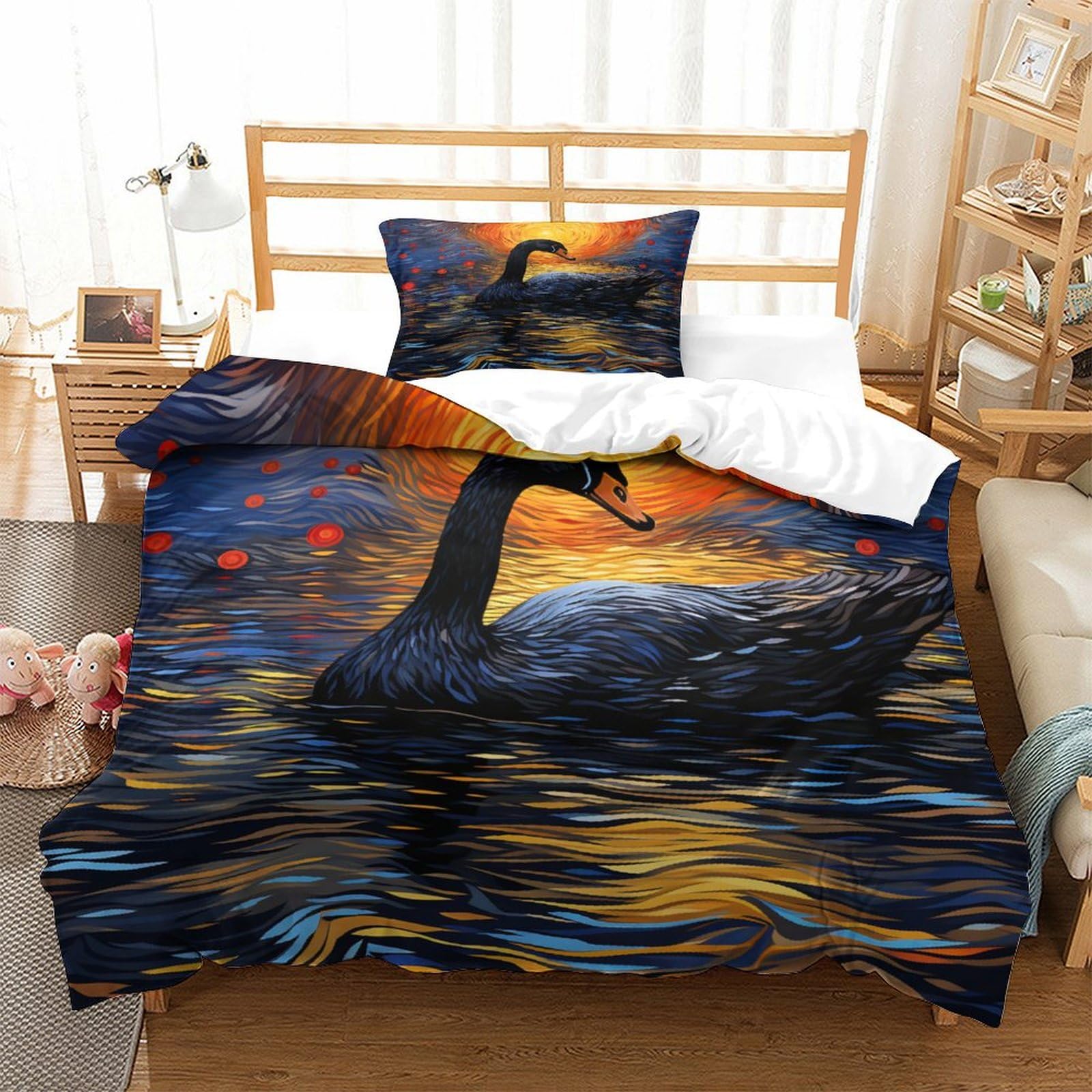 P1S9U7W5Y Elegant Black Swan 3D Printed Duvet Cover Set 3pcs Microfiber Swan Bedding Set Single
