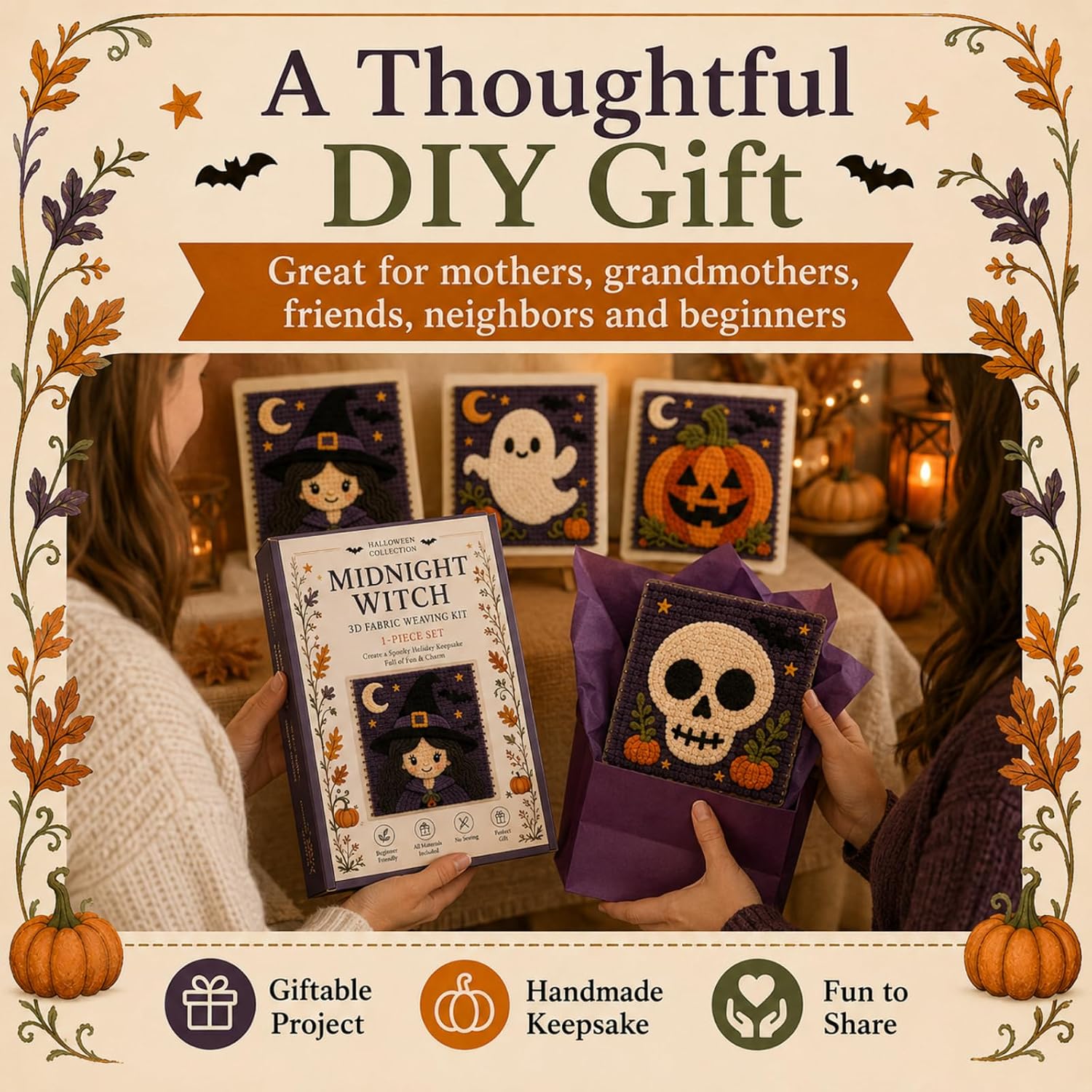 Halloween Fabric Weaving Kit, 6 Spooky 3D Patchwork Designs (F1PC) image 4