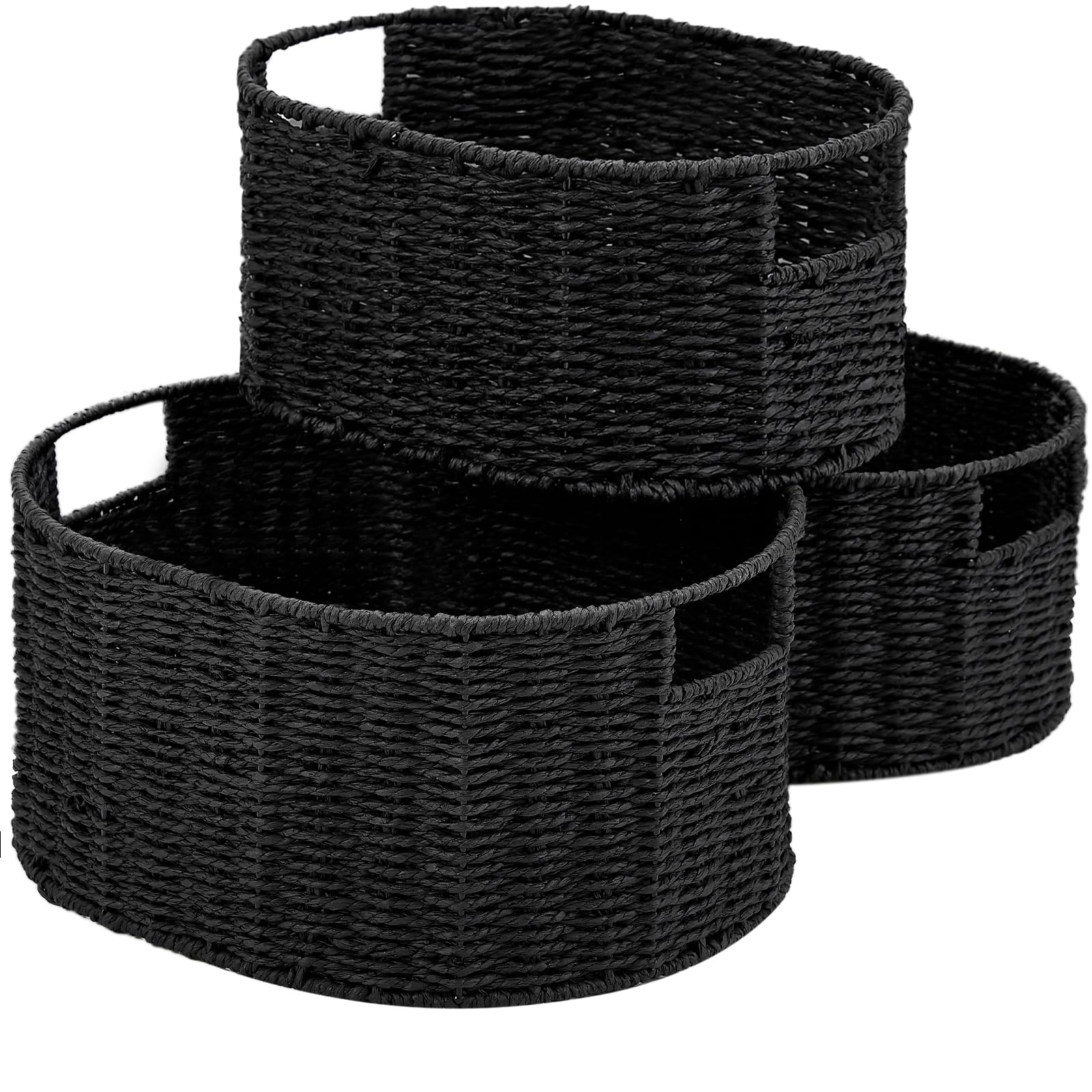 Vagusicc Set Di 2 Cestini Portaoggetti In Vimini Di Corda Di Carta – Intrecciati A Mano, Pieghevoli, Con Maniglie, 33x20x16 Cm, Nero Medio