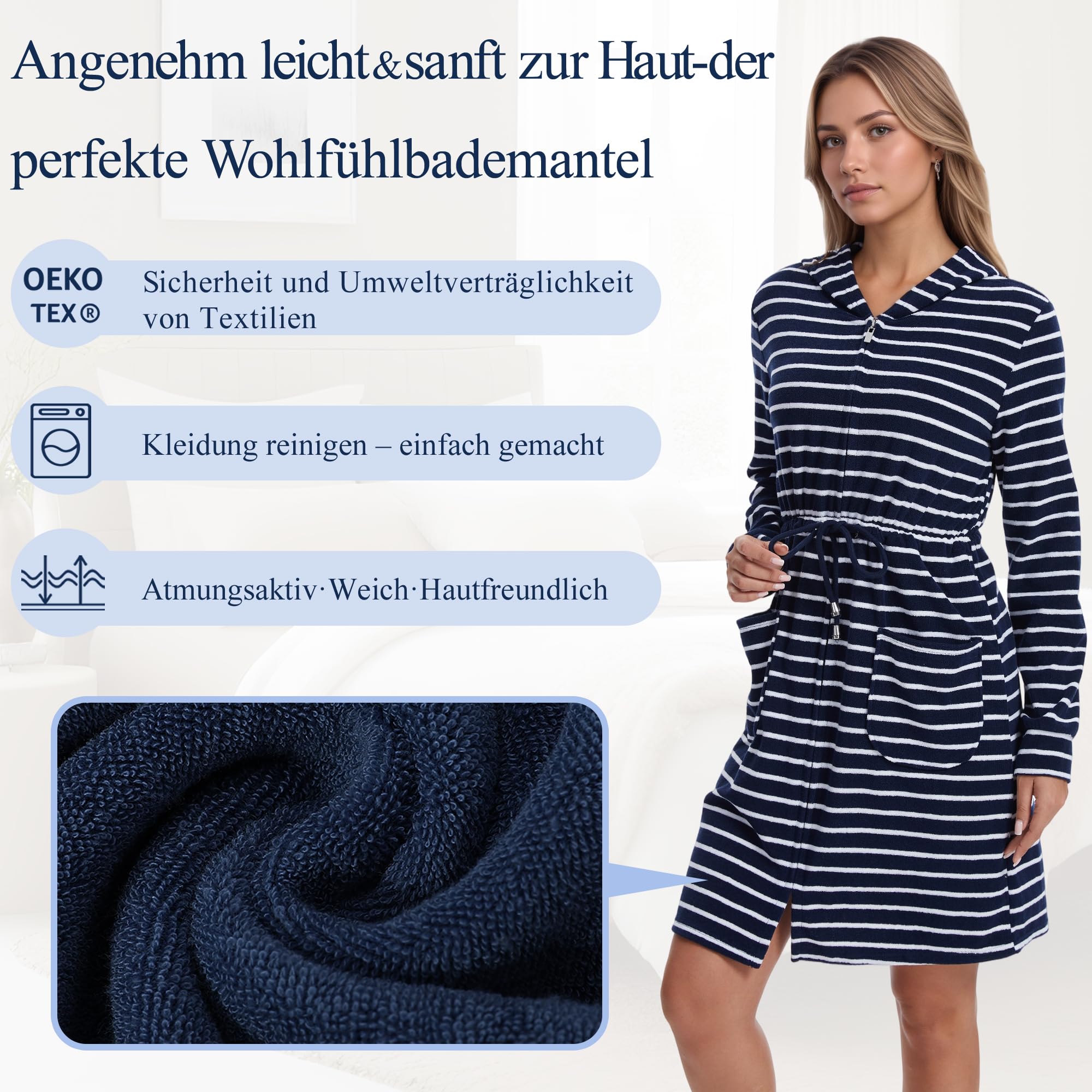 Albornoz de rizo para mujer a rayas con capucha cremallera con cinturón suave microfibra manga larga bata