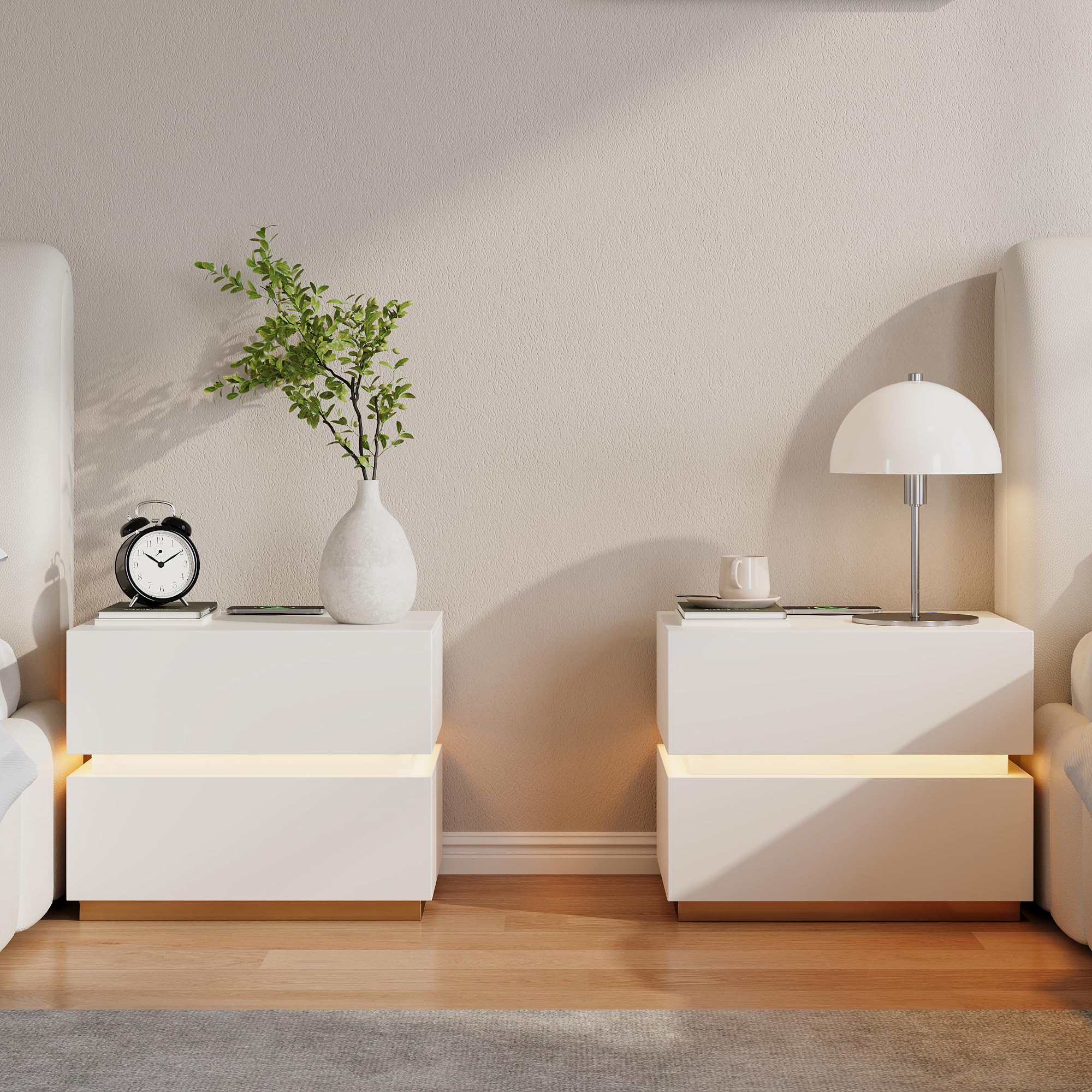 Homary Nachttisch 2er Set mit kabelloser Ladestation, LED Smart Nachtschrank mit Schubladen & USB-Anschlüssen, Modernes Nachtkästchen mit LED-Beleuchtung für Schlafzimmer (Led Weiß 2 Schubladen)
