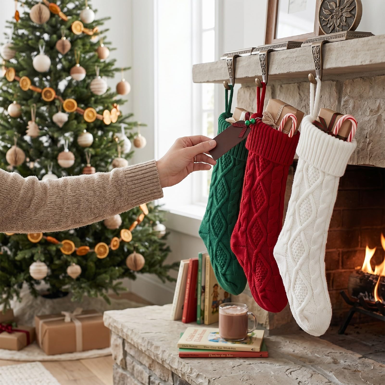 6er-Pack Weihnachtsstrümpfe-Set, Gestrickte Wolle | Namensschilder aus Holz, weiß, rot, grün, große Weihnachtsstrickstrümpfe, Zopfstrick-Weihnachtsstrümpfe