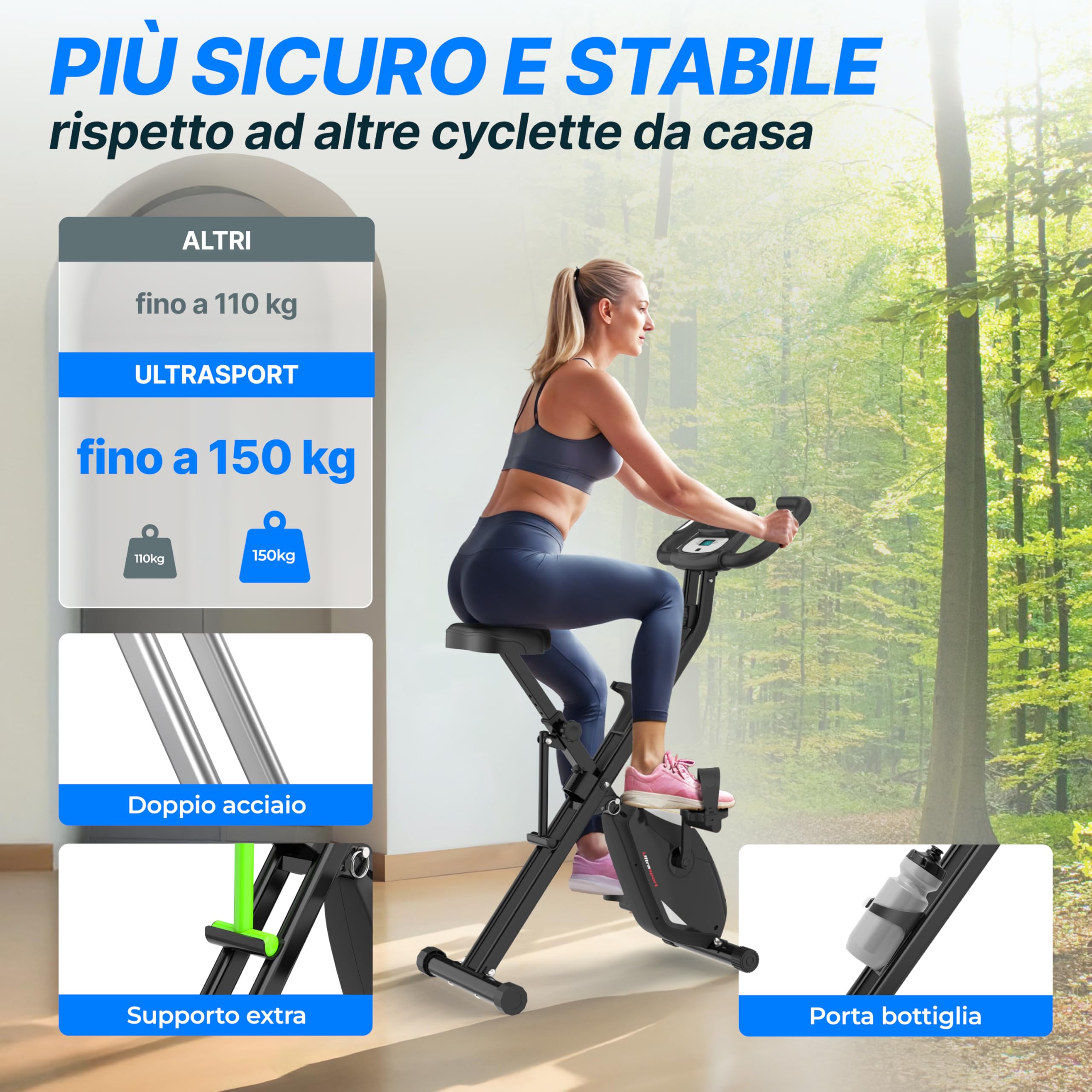 Ultrasport F-Bike Pro Cyclette da Casa Pieghevole I Cyclette Pieghevole da Casa fino a 150 KG con 16 Livelli, Sella Extra Confortevole, Funzione App, LCD Display e Sensori, Cyclette da Camera