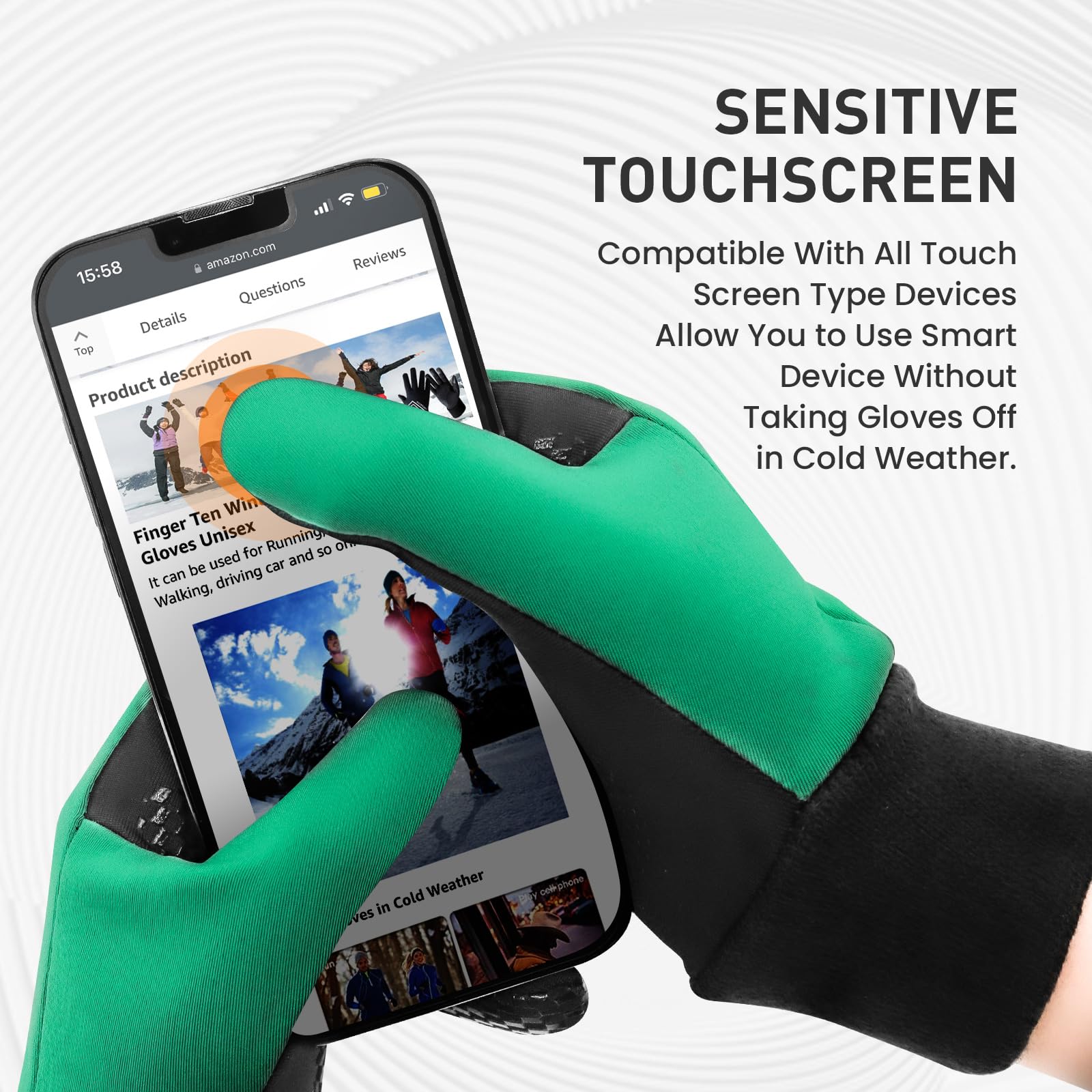 FINGER TEN Winter Running Gloves Men Ladies Women for Cold Weather with Grip Lightweight Touchscreen Warm Gloves with Headband for Walking Driving Cycling Hiking (Green, Medium)