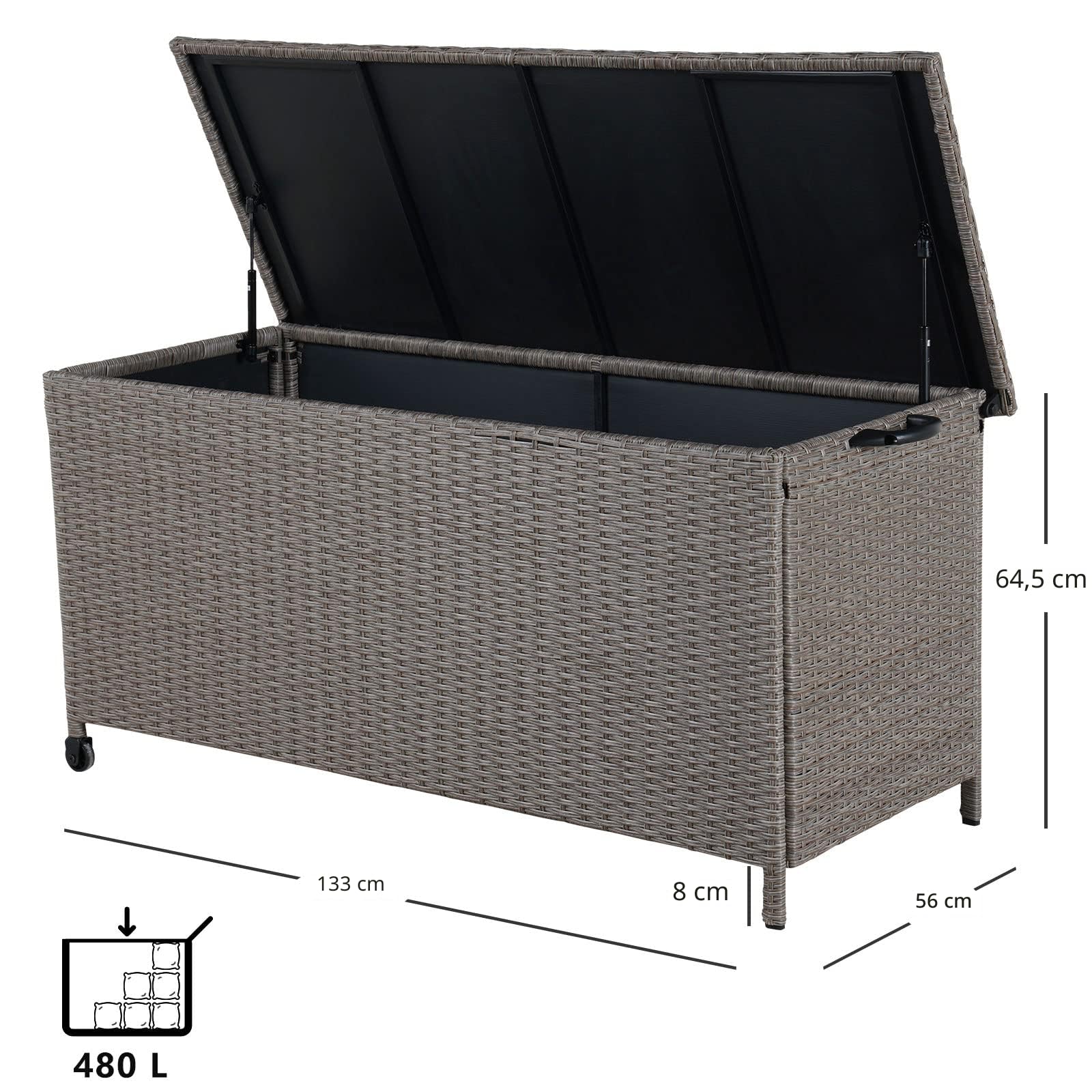 Grand patio Rattan Auflagenbox 480 Liter Gartenbox mit Deckel und Gasdruckfedern, UV-beständig Aufbewahrungskiste mit Zwei Radern, Leicht Bewegen, Kissenbox für Garten, Balkon