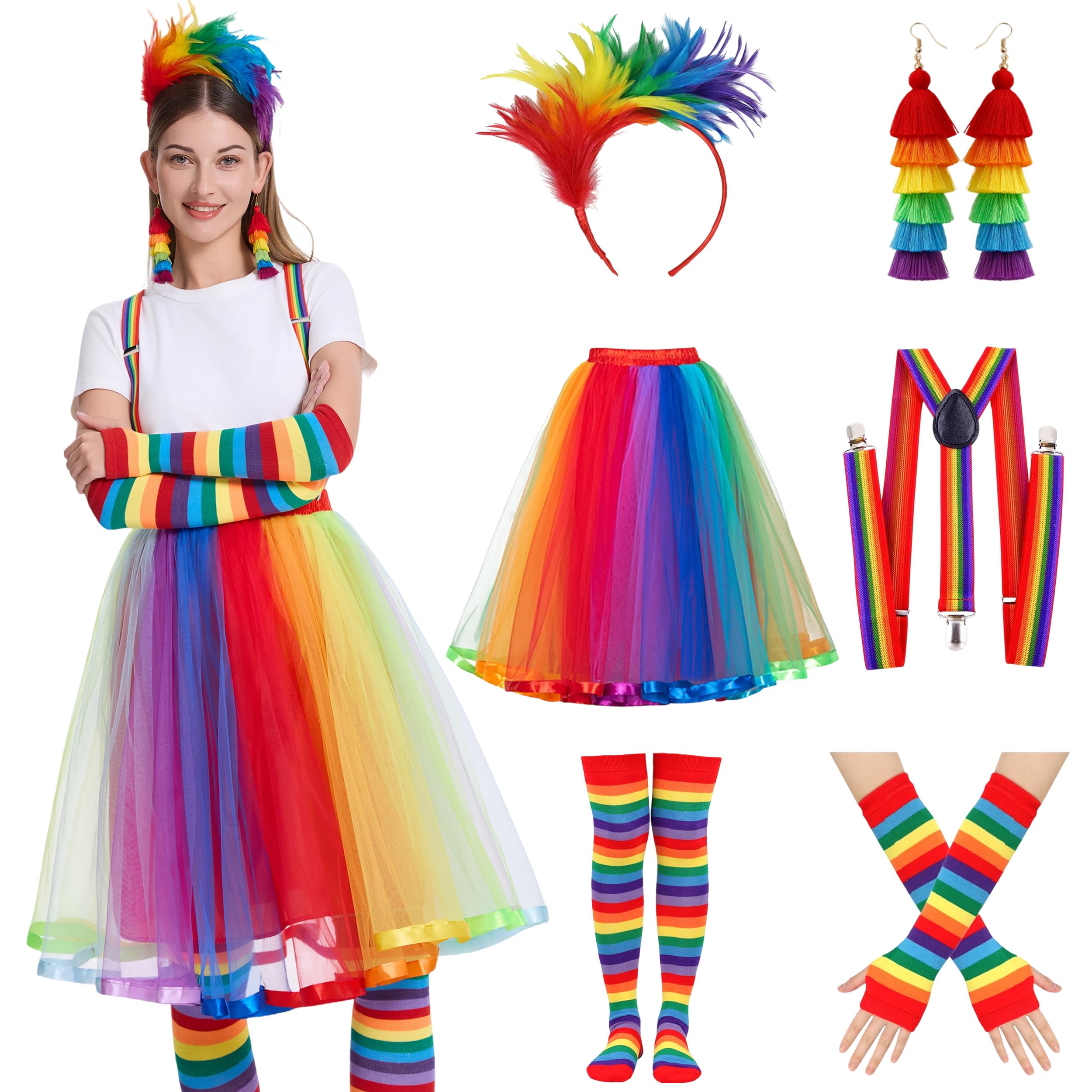 Tęczowy kostium damski, kolorowa spódnica tiulowa, tęczowa spódnica, kostium karnawałowy, akcesoria do kostiumu w stylu retro z neonowym tutu, opaska na włosy, kolczyki, strój damski z lat 80., na
