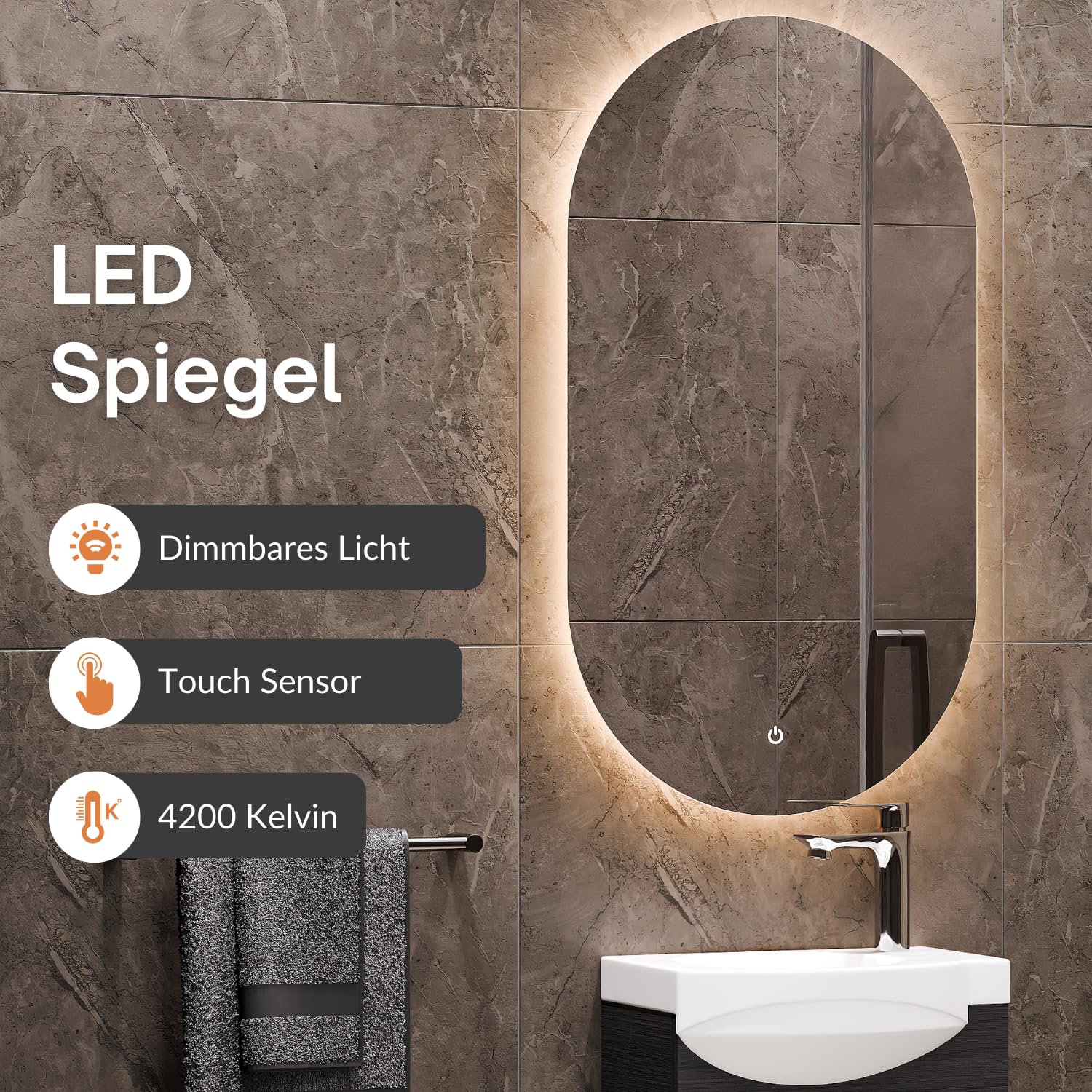 Planetmöbel Badmöbel Set Waschtisch mit Unterschrank 40 x 60 x 29 cm, Spiegel mit Beleuchtung 50 x 90 cm für Badezimmer, Gäste WC & Bad, Anthrazit