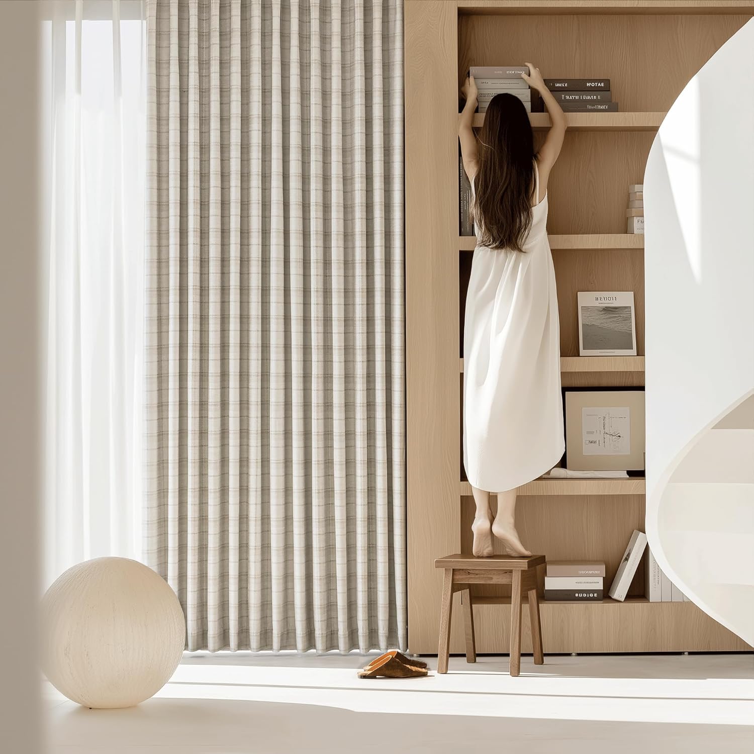 Beige Plaid Jacquard Blackout Curtains 84 Inches Long 2 Panels for Bedroom Living Room Buffalo Check Gingham Room Darkening Thermal Insulated Soundproof Grommet Window Drapes, 52x84 2 Set