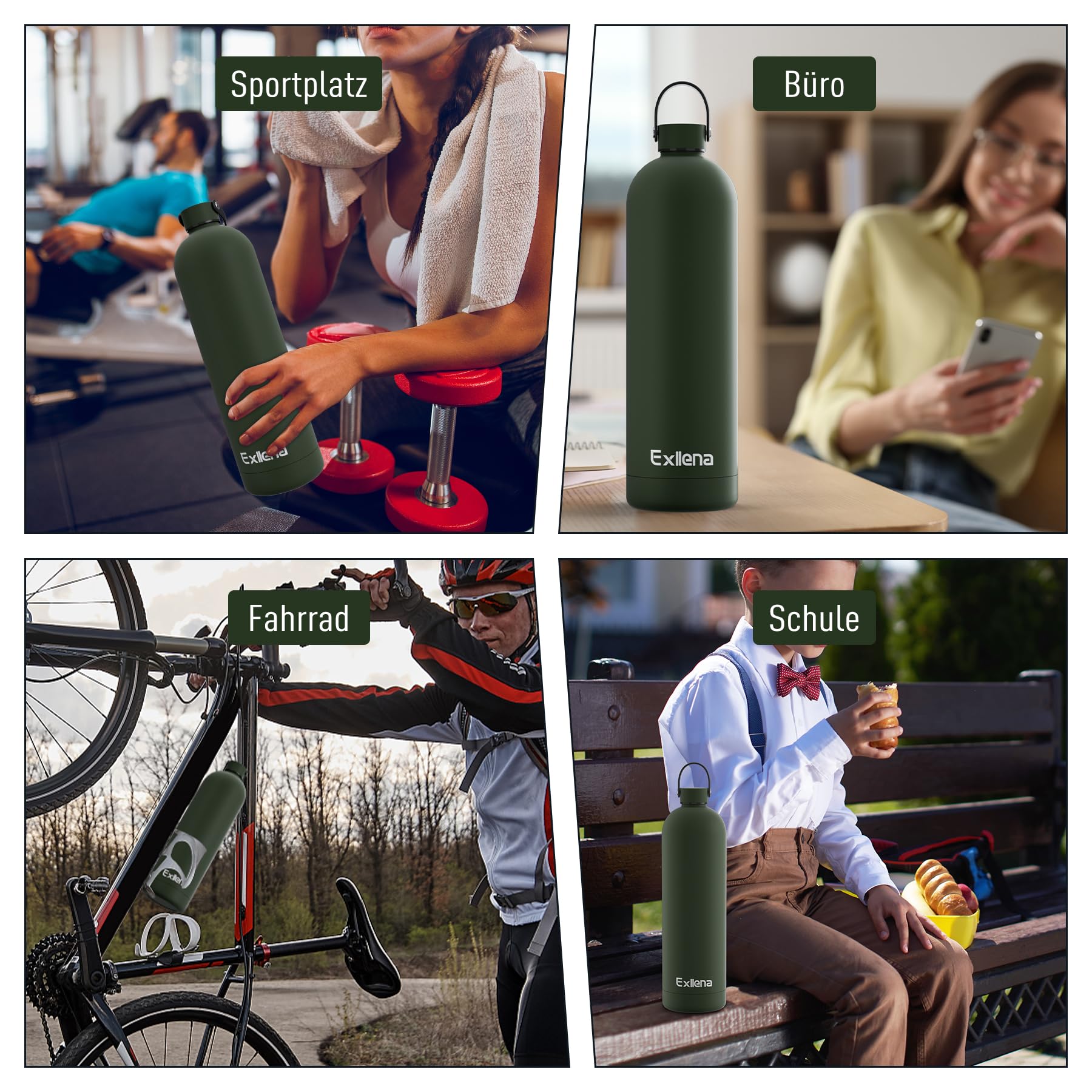 Exllena Trinkflasche Edelstahl mit Griff & Karabiner–500ml/750ml/1L/1,5L isolierte Thermosflasche, 100% auslaufsicher und BPA-frei, Wasserflasche thermo für Sport, Büro & Alltag (Kieferngrün,1500ML)