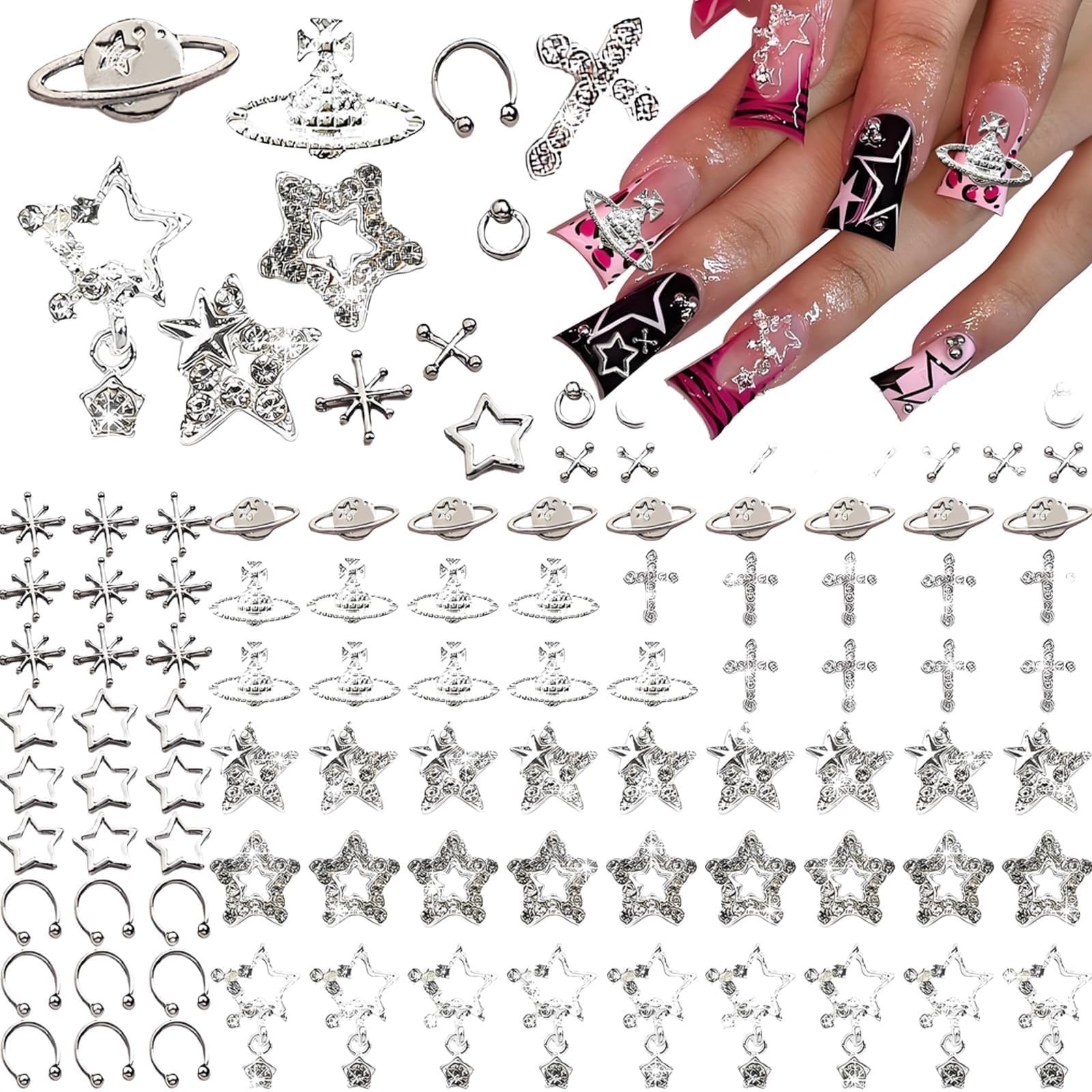 COZERI 55PCS 3D Y2K Silver Nail Charms,Gothic Cross Saturn Stars