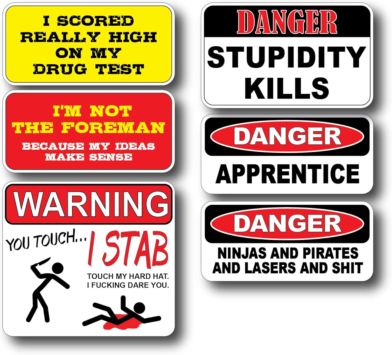6 Pack of Hilarious crude humor Hard Hat Decals Stickers Toolbox Funny Offensive Prank LOL Construction