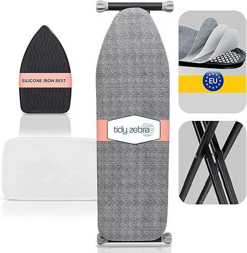 Tabla de planchar compacta extra resistente tamaño matrimonial, fabricada en Europa con patas extra gruesas que no se sacuden, mesa antideslizante