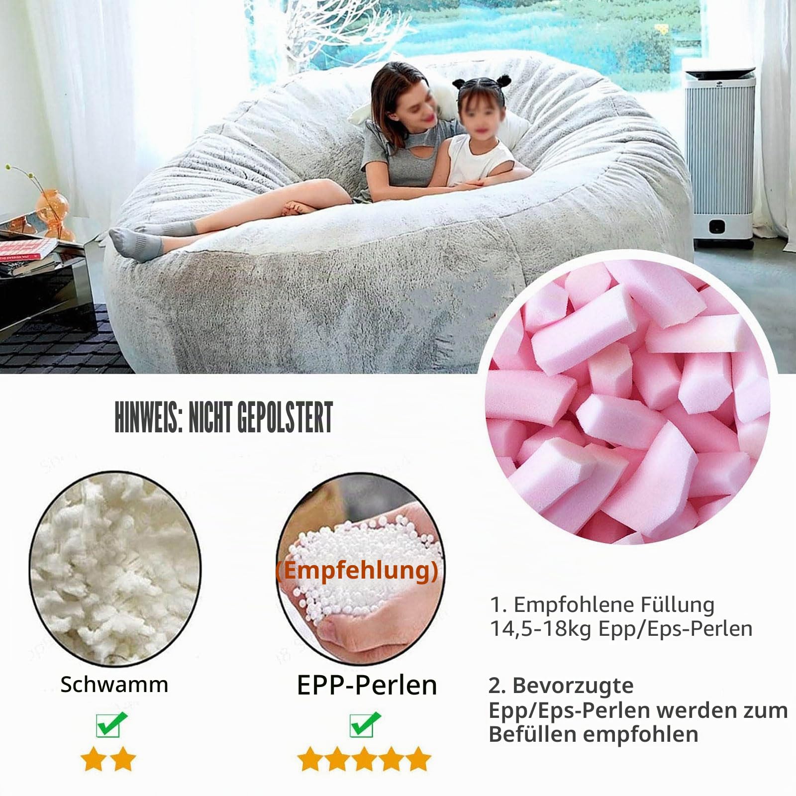 Riesiger Pelz-Sitzsack Bezug für Wohnzimmermöbel Erwachsene– Sitzsack XXL aus flauschigem Velours – Indoor Lounge-SitzsackBezug waschbar & gemütlich(Keine Polsterung)