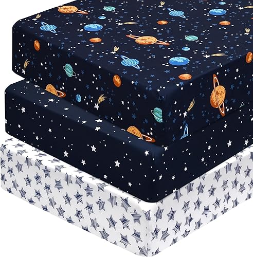 PHF Paquete de 3 sábanas suaves para cuna, sábanas espaciales sedosas Pack N Play para bebés, niños y niñas, ajuste universal para Pack N Play,