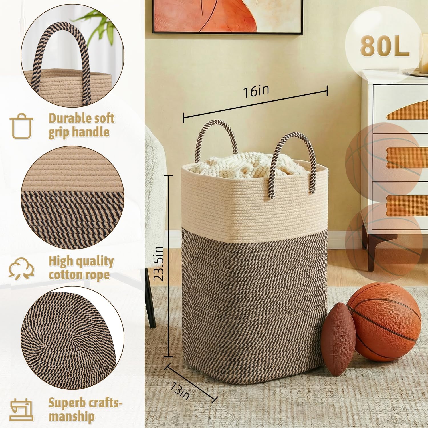 Laundry Basket,Woven Cotton Rope Laundry Hamper,Versatile Storage for Dirty Clothes,Baby Toys,and Blankets in Bathroom, Nursery,and Living Room (Jute, 80L)