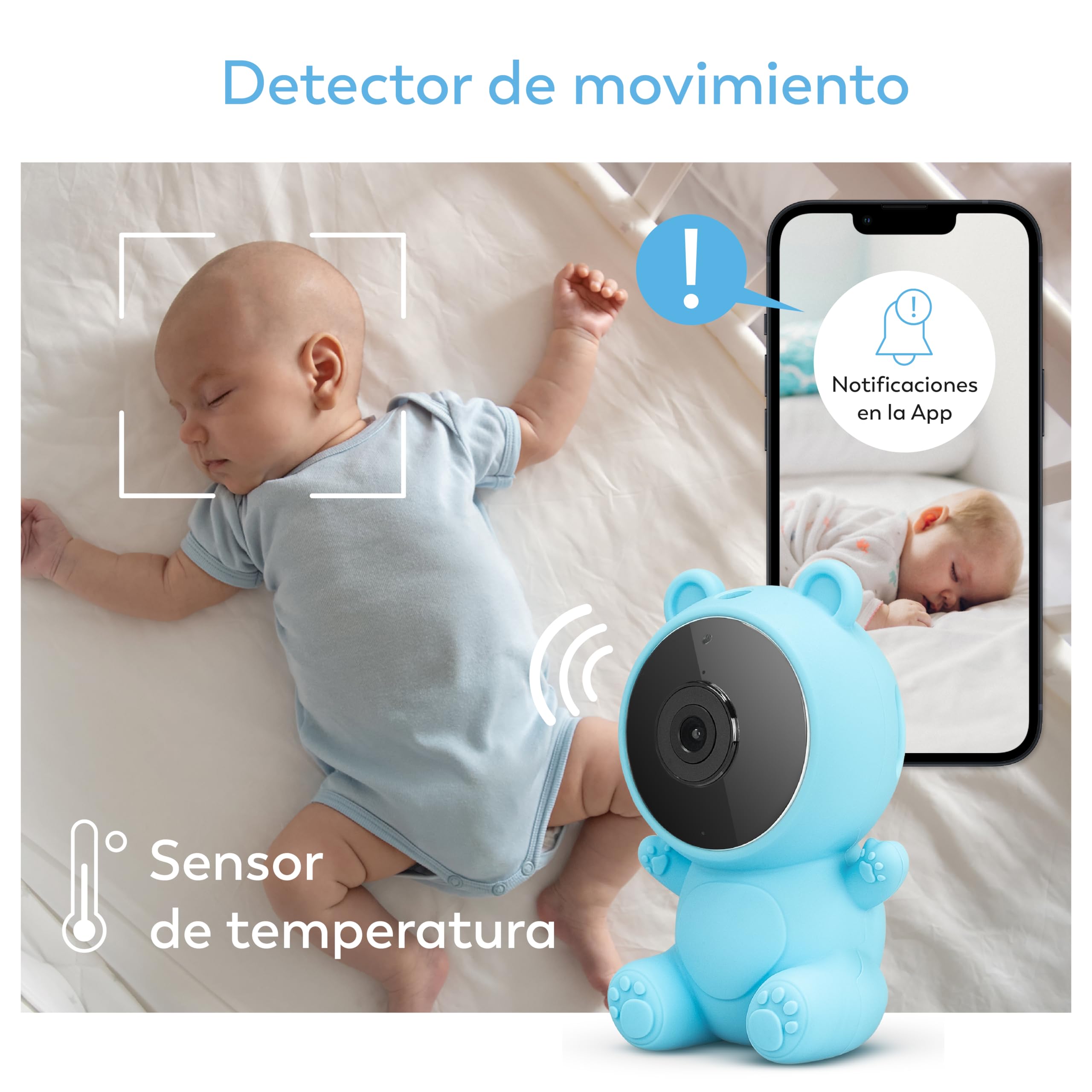 Garza Telecamera per la Sorveglianza del Bambino 1080p HD con Sensore di Temperatura, Visione Notturna, Rilevamento di Pianti, Ninnananne, Rumore Bianco e WiFi 2.4 GHz., 3 Coperture + Supporto