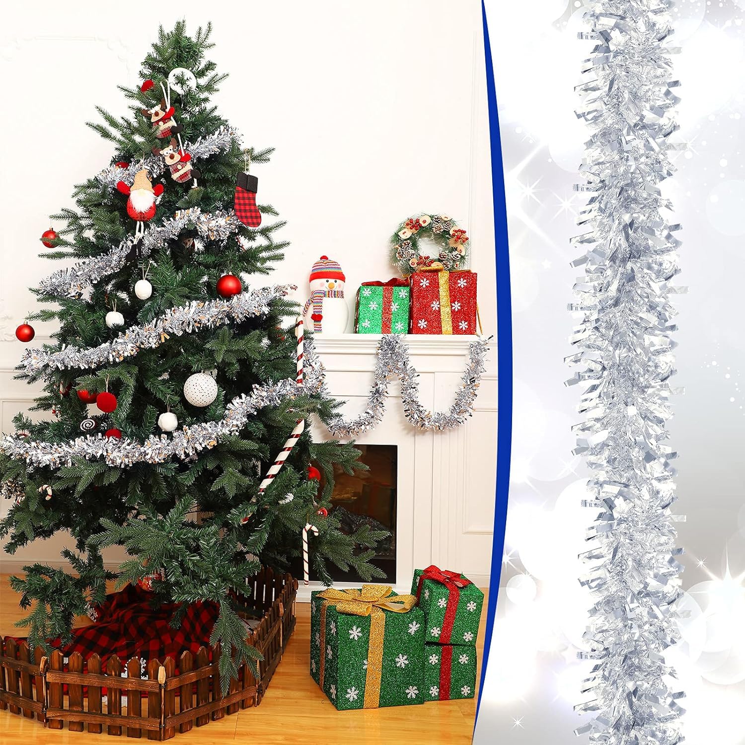 KRIWIN 6 pcs Artificial Tinsel Garlands Length-5.5 ft for Christmas Decor, Home Office Party Decoration (Silver) 2