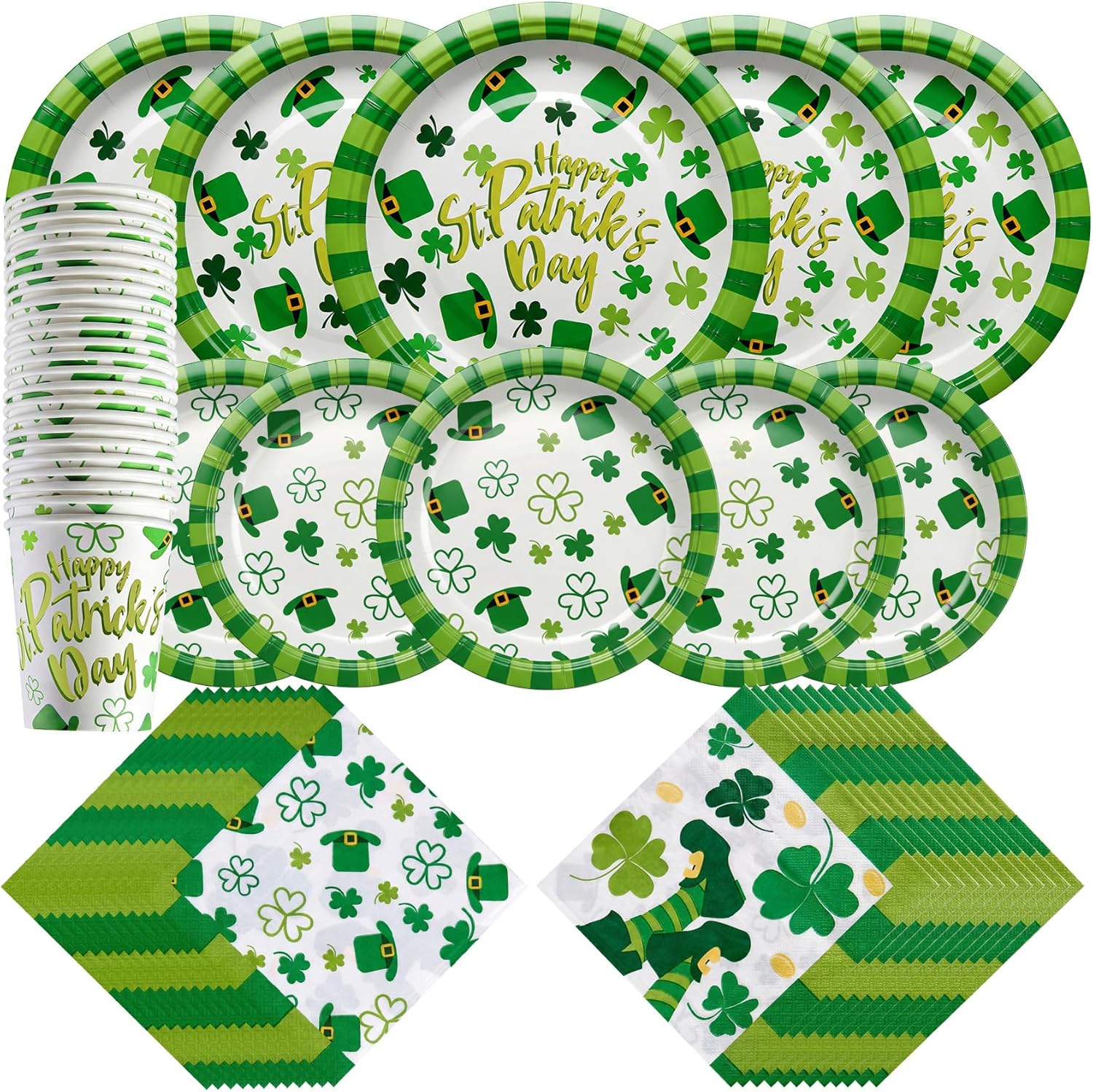 St Patrick’s Day Party Decorations Set Serve 24, St Patrick’s Day Party Supplies Kit Includes Green Shamrocks Disposable Dinner Plates, Dessert Plates, Napkins, Cups for Green Irish Party Decorations