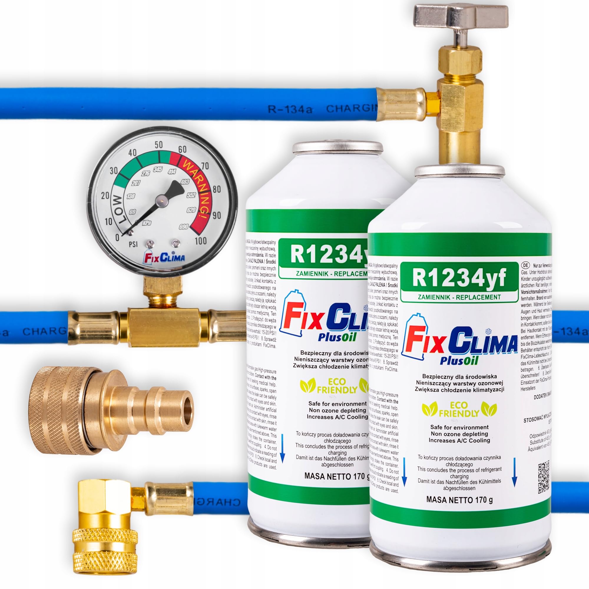 FixClima Kit di ricarica R1234YF per sistemi di climatizzazione automobilistici dal 2016, doppio gas con adattatore