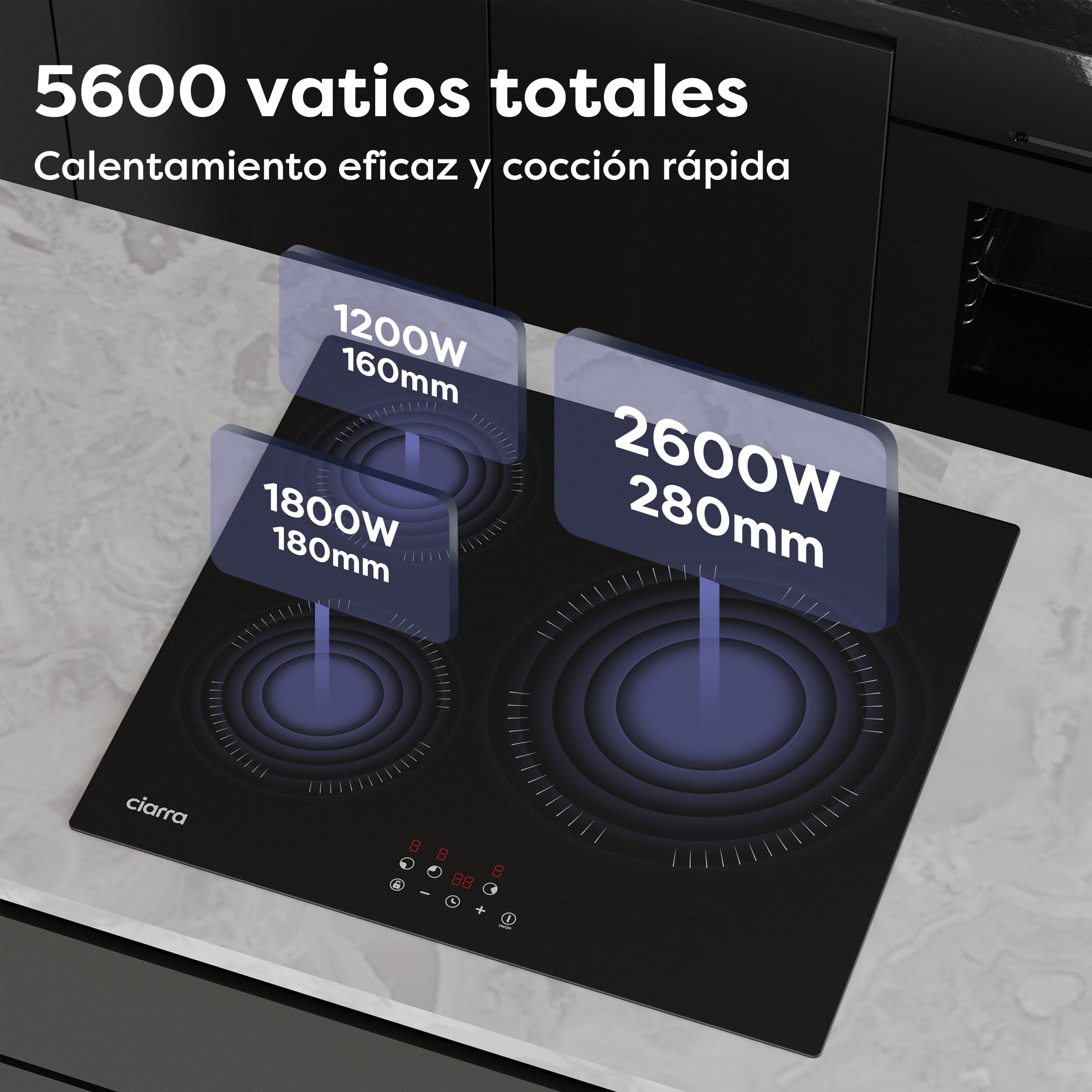 Ciarra Placa Induccion 3 Zonas 60cm 5600W, Zona Gigante de 28cm, CABBIH3-A | Limitador de Potencia, Control Táctil, Temporizador, Bloqueo Infantil, Ideal para la Cocina Familiar Diaria