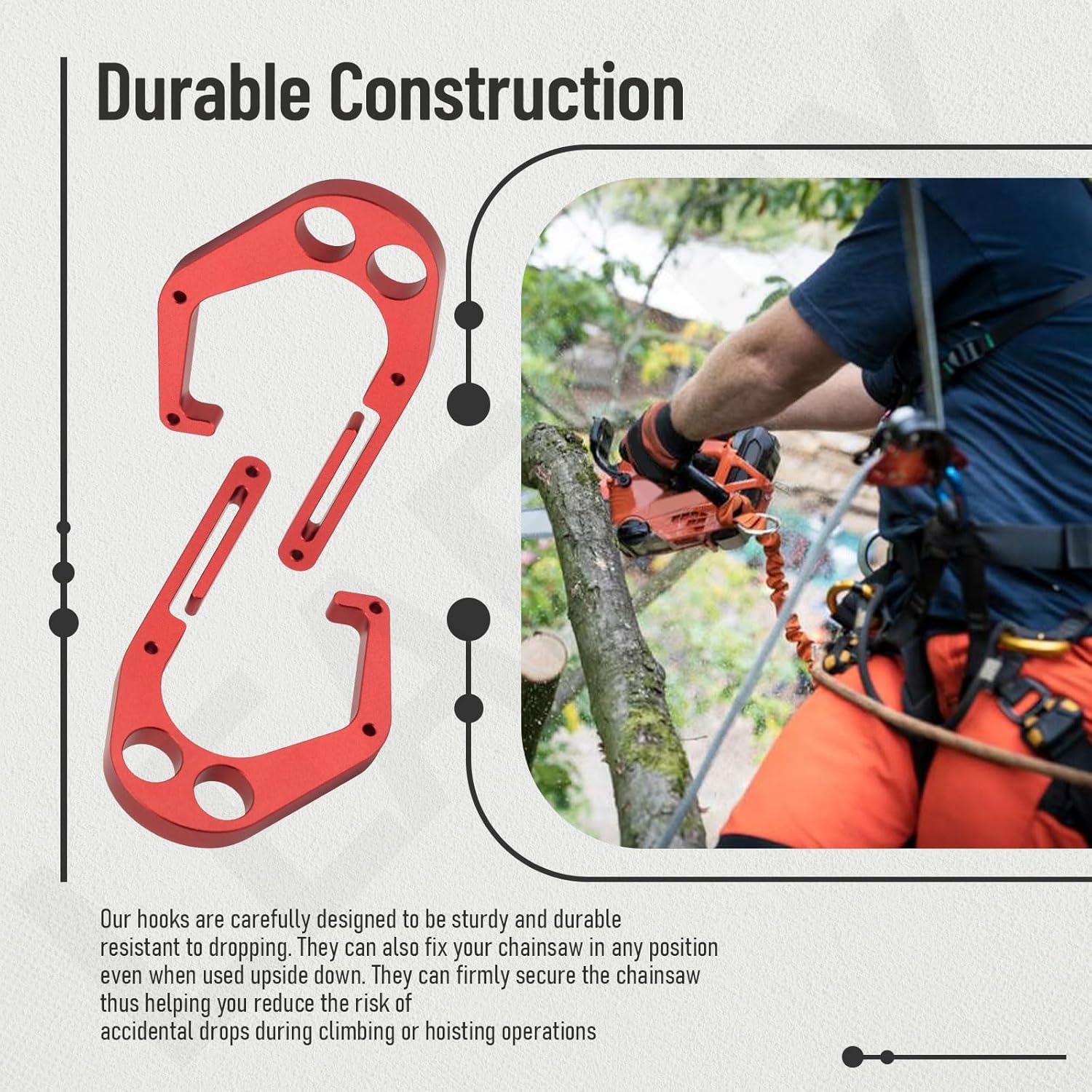 2 Pcs Red Aluminum Hook for Tree Climber Compatible with Shem-biner XL Models, One-Hand Operation, for Chainsaws and Tools Inside The Hook, Quick Installation, Not Easy to Fall Off