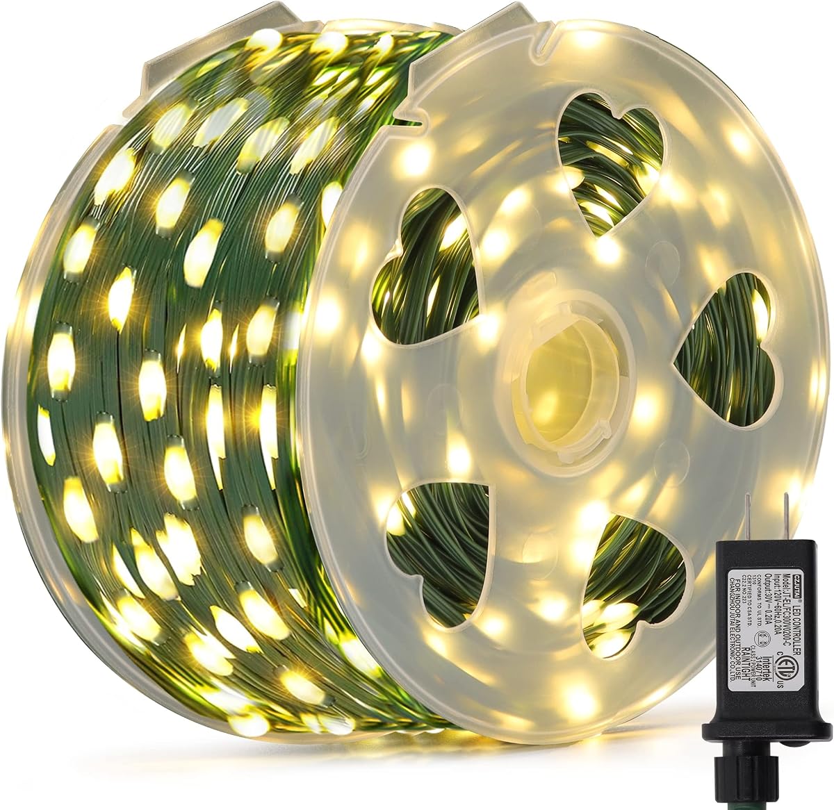 LJLNION 1000 luces LED de cadena de hadas, 328 pies de largo, luces navideñas para exteriores, impermeables IP65, luces de alambre de cobre de PVC verde, 8 modos de iluminación enchufables para árbol de Navidad, fiesta, decoración de boda, blanco cálido