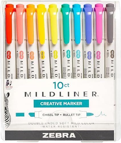 Zebra Pen Mildliner - Juego de resaltadores de doble extremo, puntas anchas y finas, colores de tinta renovables y amigables, paquete de 10 (78501)