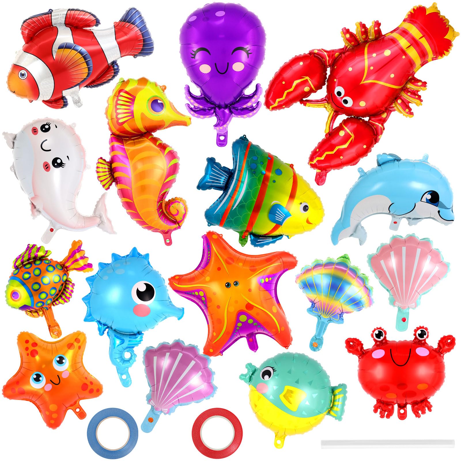 16 Stück Ozean-Tier-Luftballons, Luftballons, Fisch-Hummer, Oktopus, Seestern, Seepferdchen, Folienballon für Kinder, Meerestier-Mylar-Ballon für Strand, Ozean, Pool, Geburtstagsparty-Dekorationen