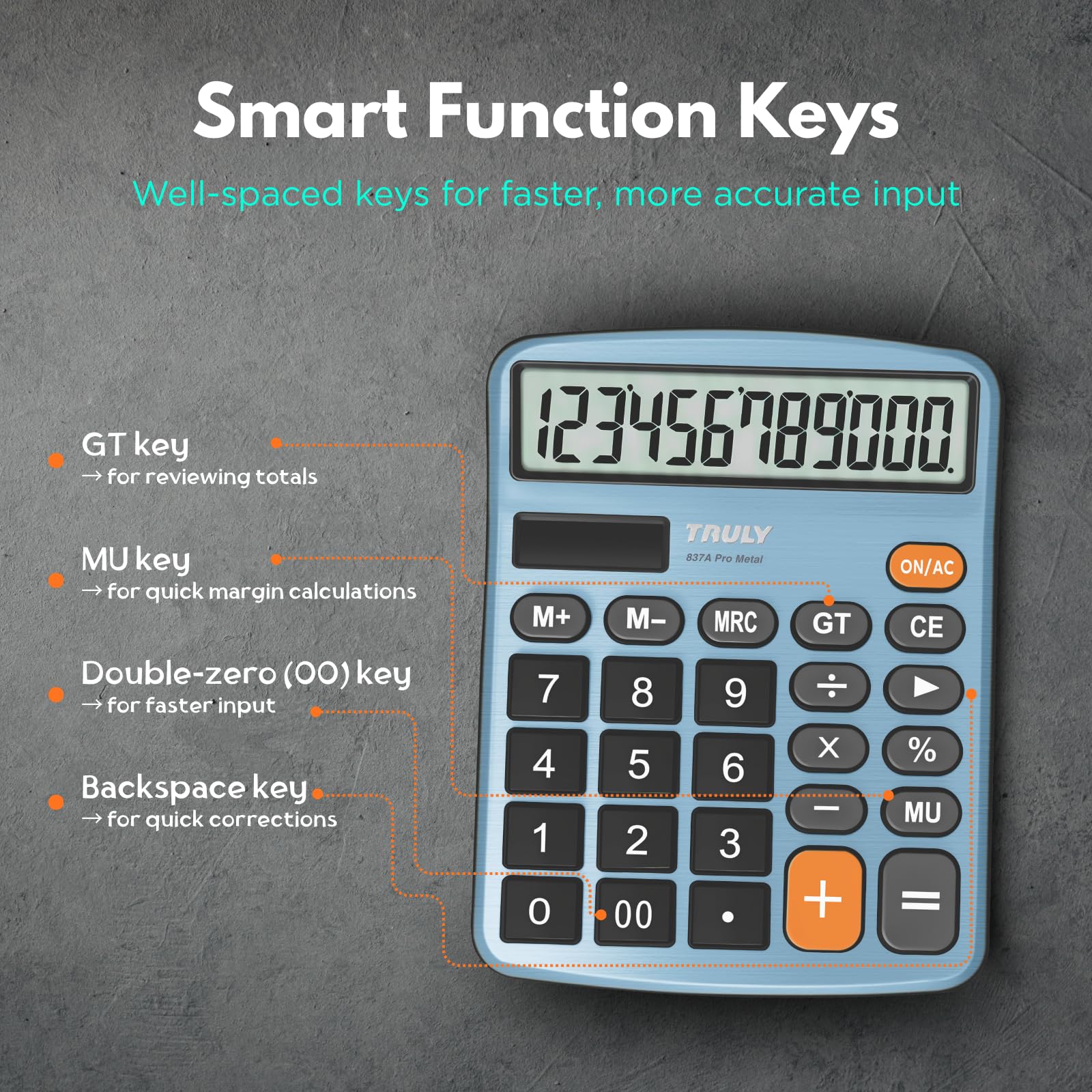 TRULY Calculadora de escritorio de 12 dígitos con pantalla grande, botones grandes, doble alimentación (solar + batería), acabado metálico, ideal para oficina, hogar, escuela - 837A Pro azul claro