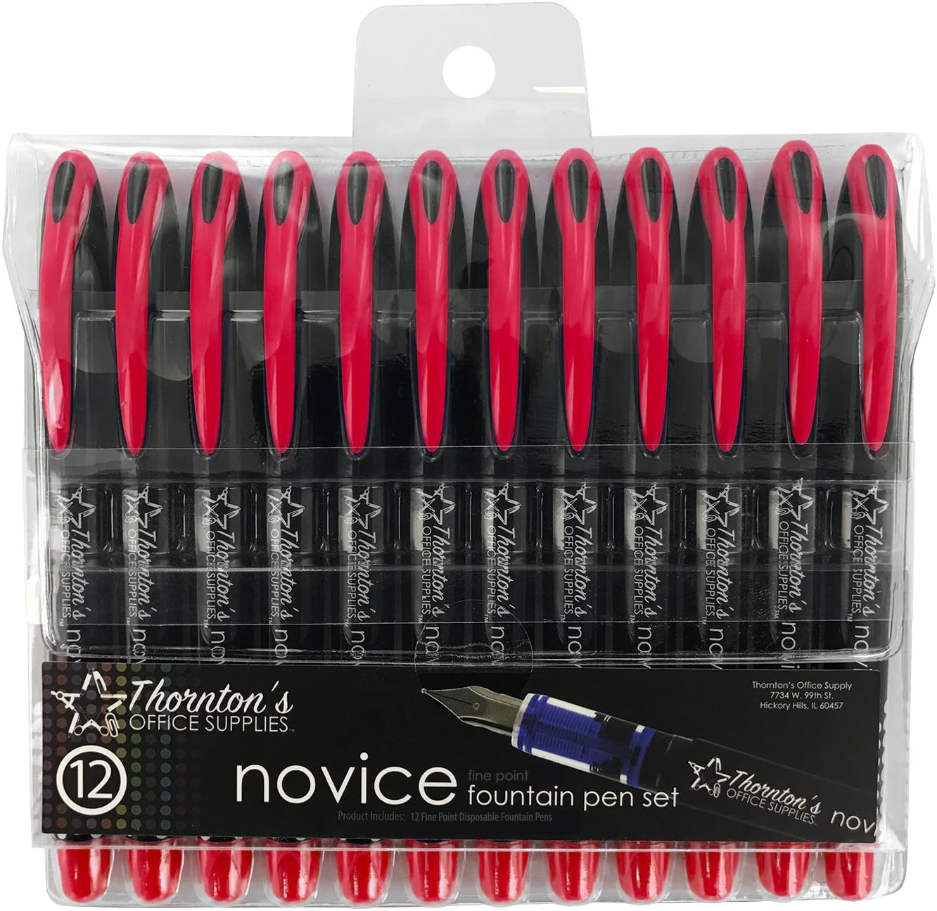 Thornton's OFFICE SUPPLIES Novice Disposable Fine Point Red Ink Fountain Pens Pack of 12 TOS-DFPRED12F Journaling and Calligraphy Pen for Smooth Writing - Gift for Beginner Artist