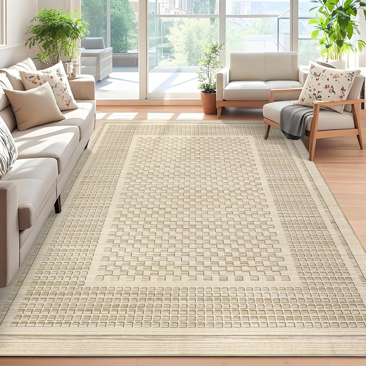 Garvee Washable Rugs 10x13 Area Rugs for Living Room Non Slip Non Shedding Modern Checkered Print Accent Rug Stain Resistant Low Pile Plaid Floor Cover Carpet for Dining Room, Nursery, Beige